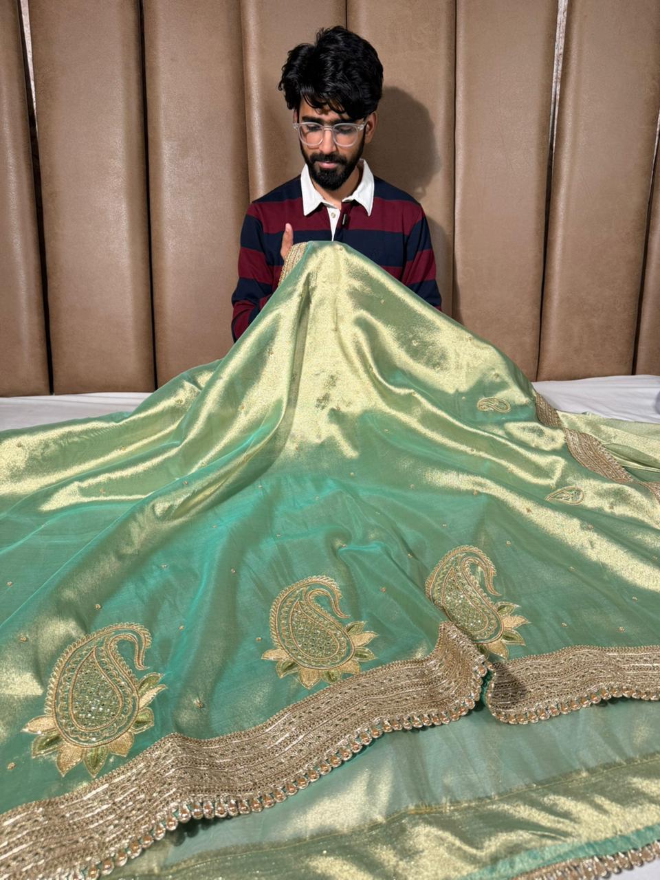 Mint Green Kora Tissue Silk Handwork Saree
