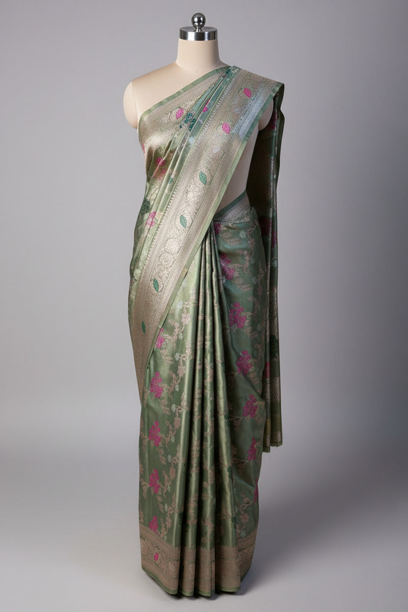 Minted Green Mashru Katan Silk Intricately Weave Meenakari Jaal Banarasi Saree