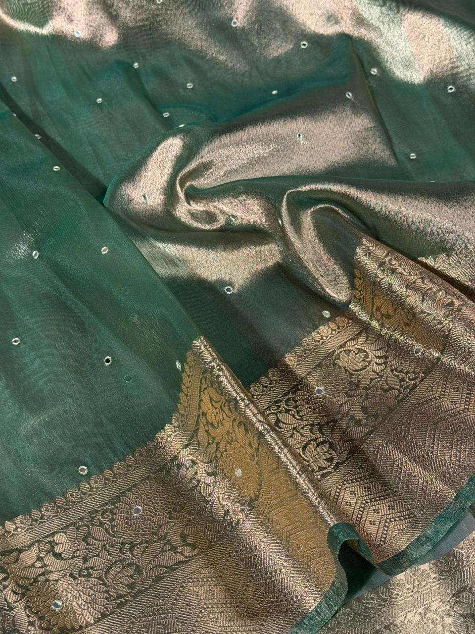 Moose Green Kora Tissue Silk Mirror Work Saree