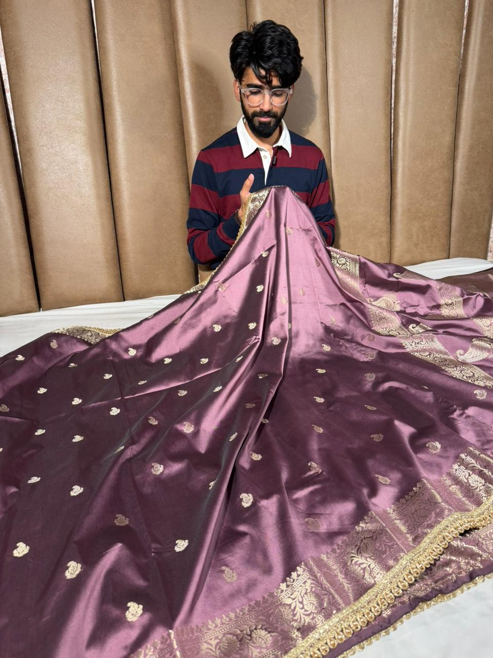 Moose Lavender Banarasi Silk Lace Work Saree