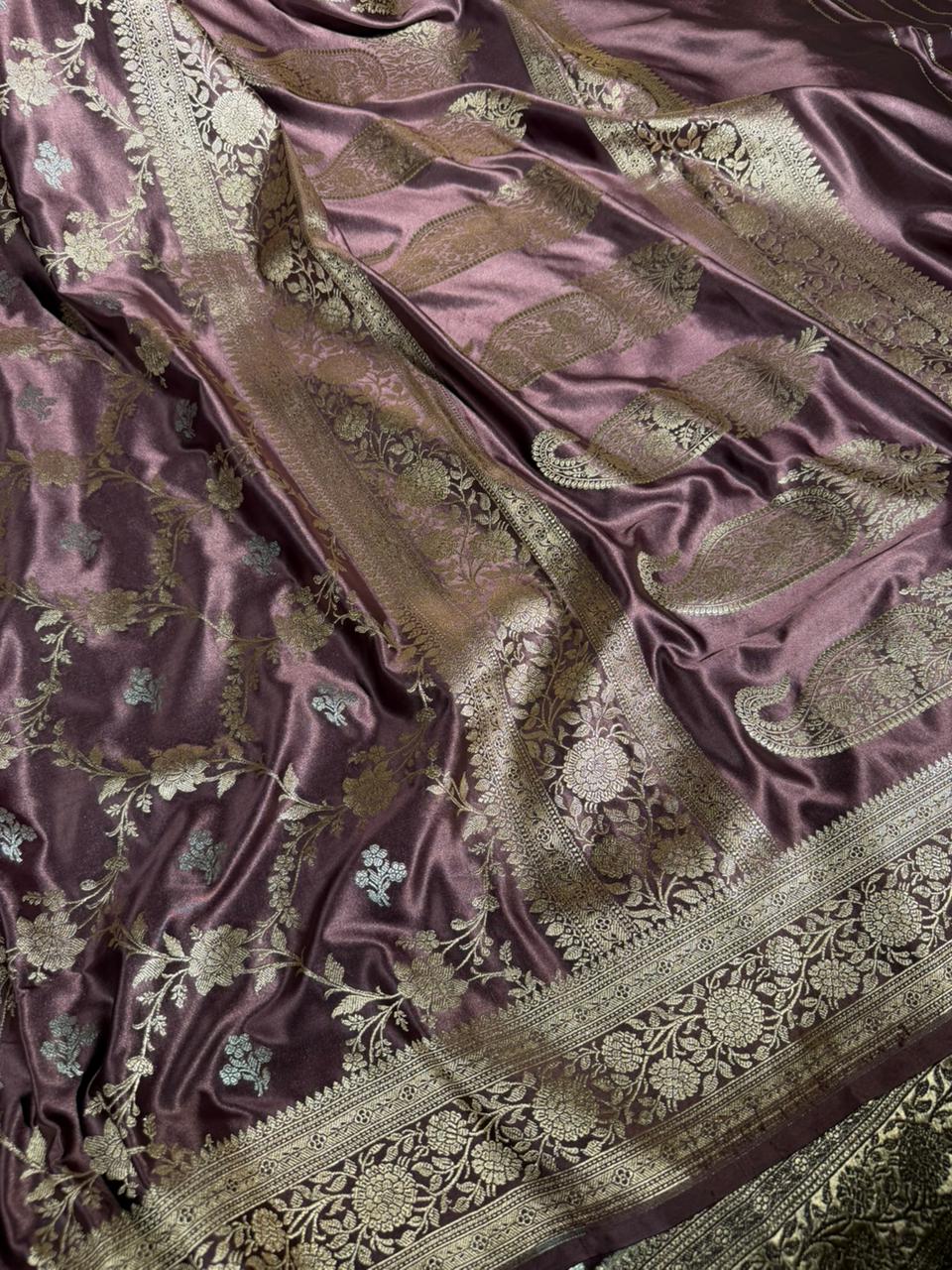 Moose Lavender Mashru Katan Silk Meenakari Floral Weave Banarasi Saree