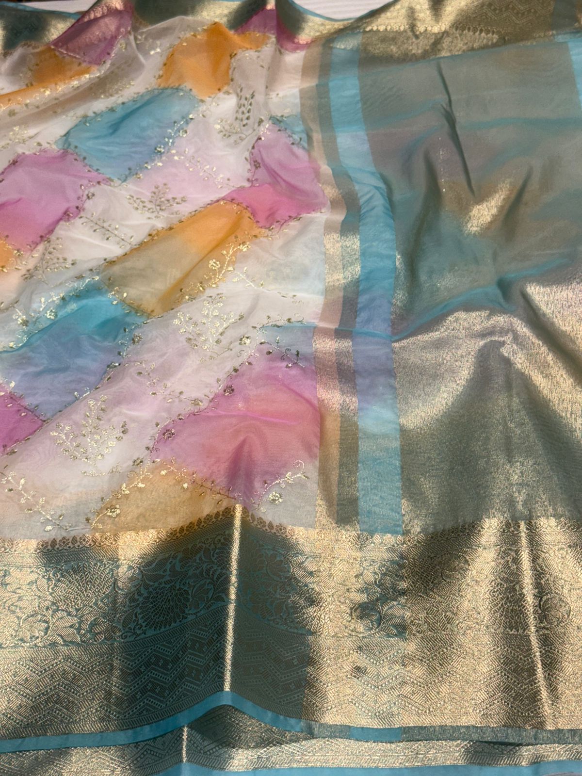 Multicoloured Rangkat Dyed Kora Organza Embroidery Work Banarasi Saree