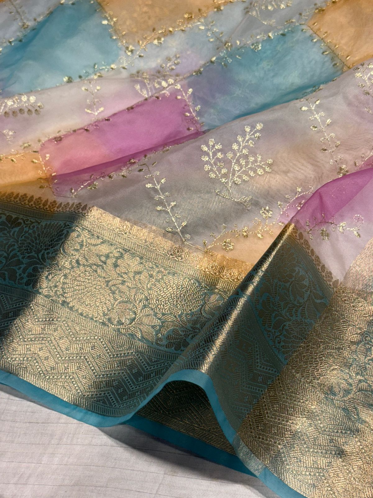 Multicoloured Rangkat Dyed Kora Organza Embroidery Work Banarasi Saree