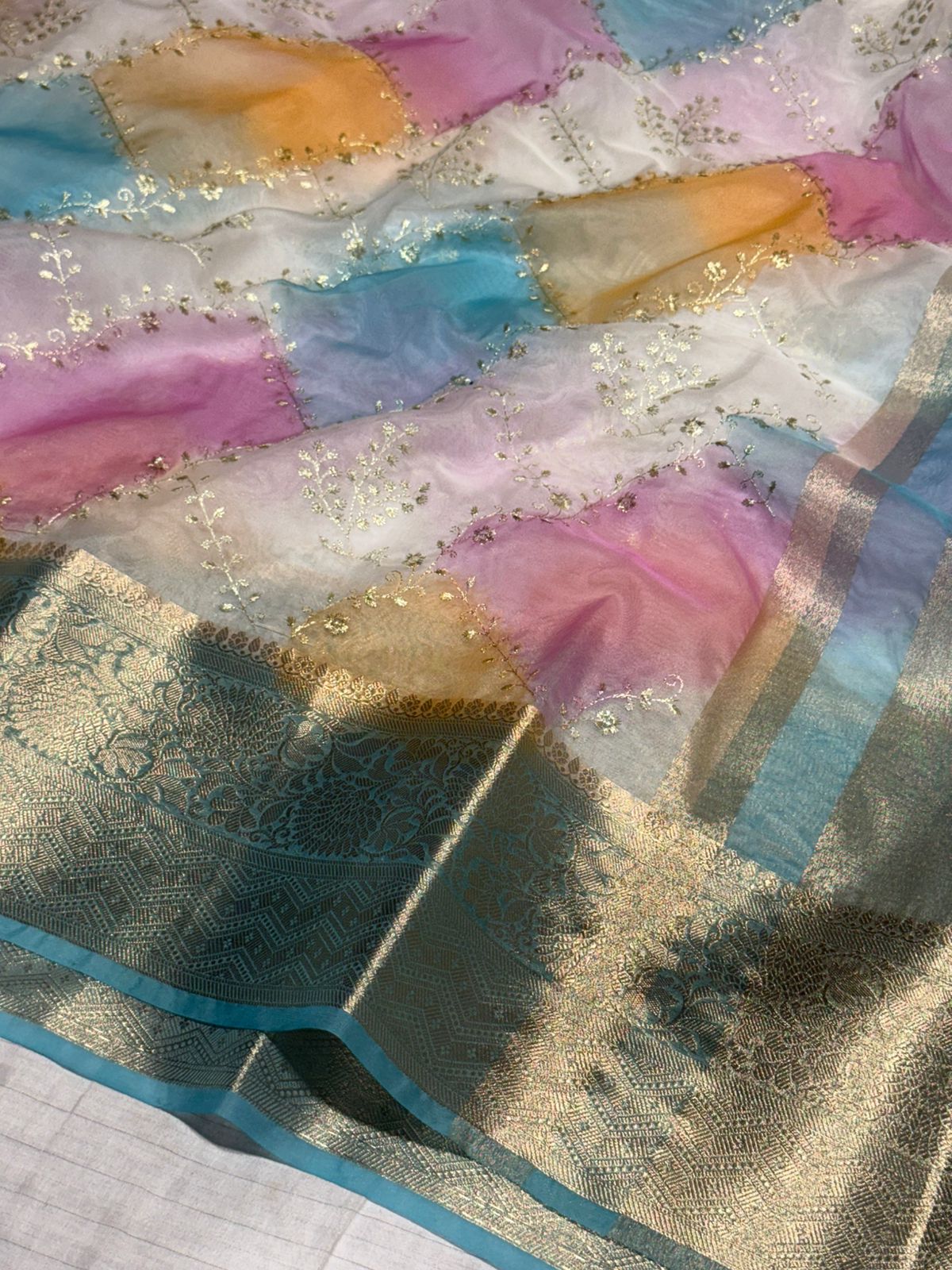 Multicoloured Rangkat Dyed Kora Organza Embroidery Work Banarasi Saree