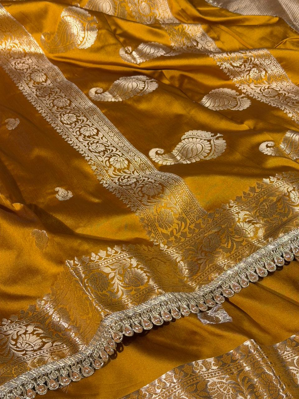 Mustard Banarasi Silk Lace Work Saree