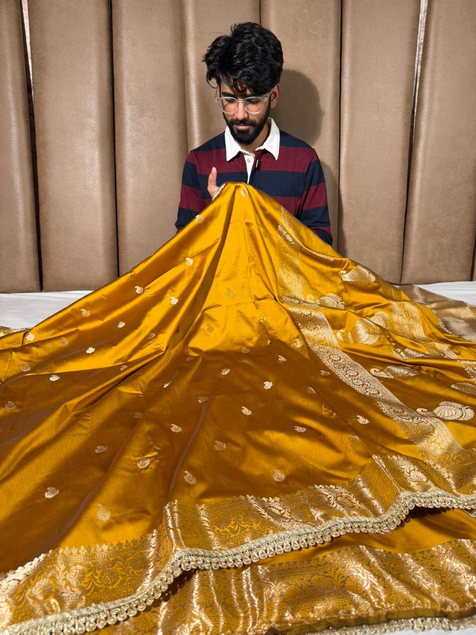 Mustard Lavender Banarasi Silk Lace Work Saree