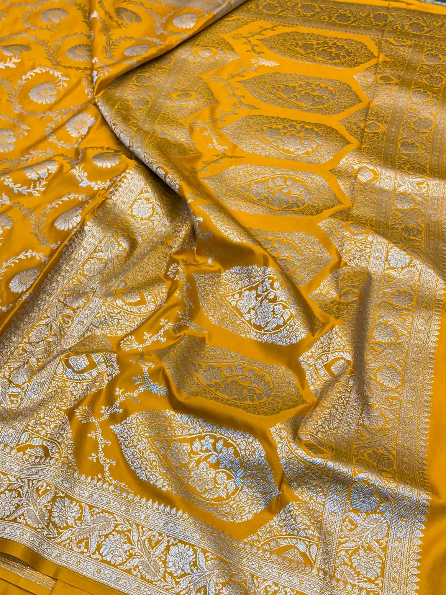 Mustard Yellow Floral Jaal Weave Mashru Katan Silk Saree