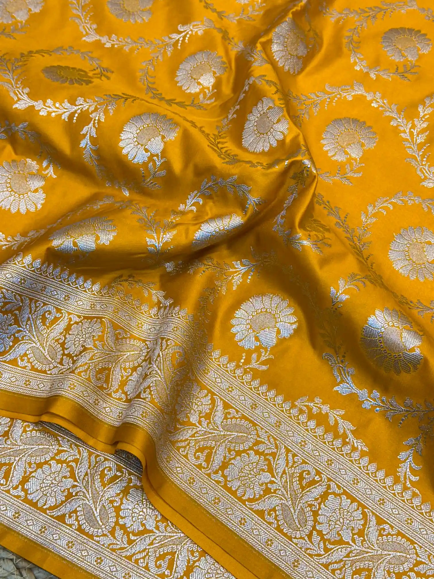 Mustard Yellow Floral Jaal Weave Mashru Katan Silk Saree