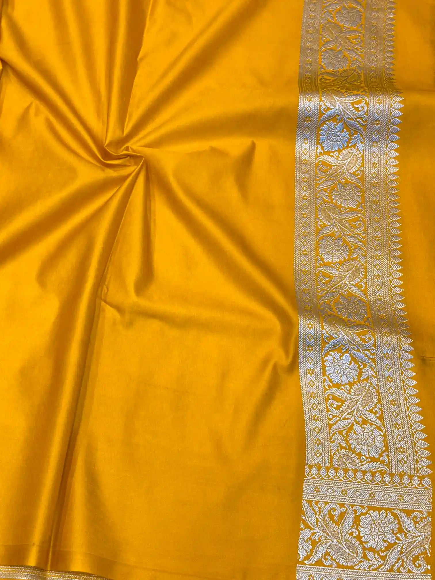 Mustard Yellow Floral Jaal Weave Mashru Katan Silk Saree