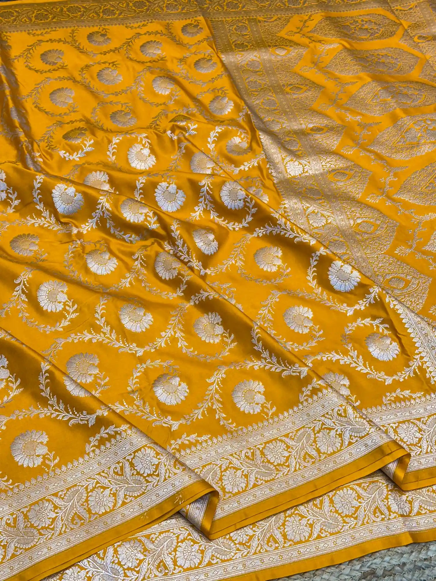 Mustard Yellow Floral Jaal Weave Mashru Katan Silk Saree