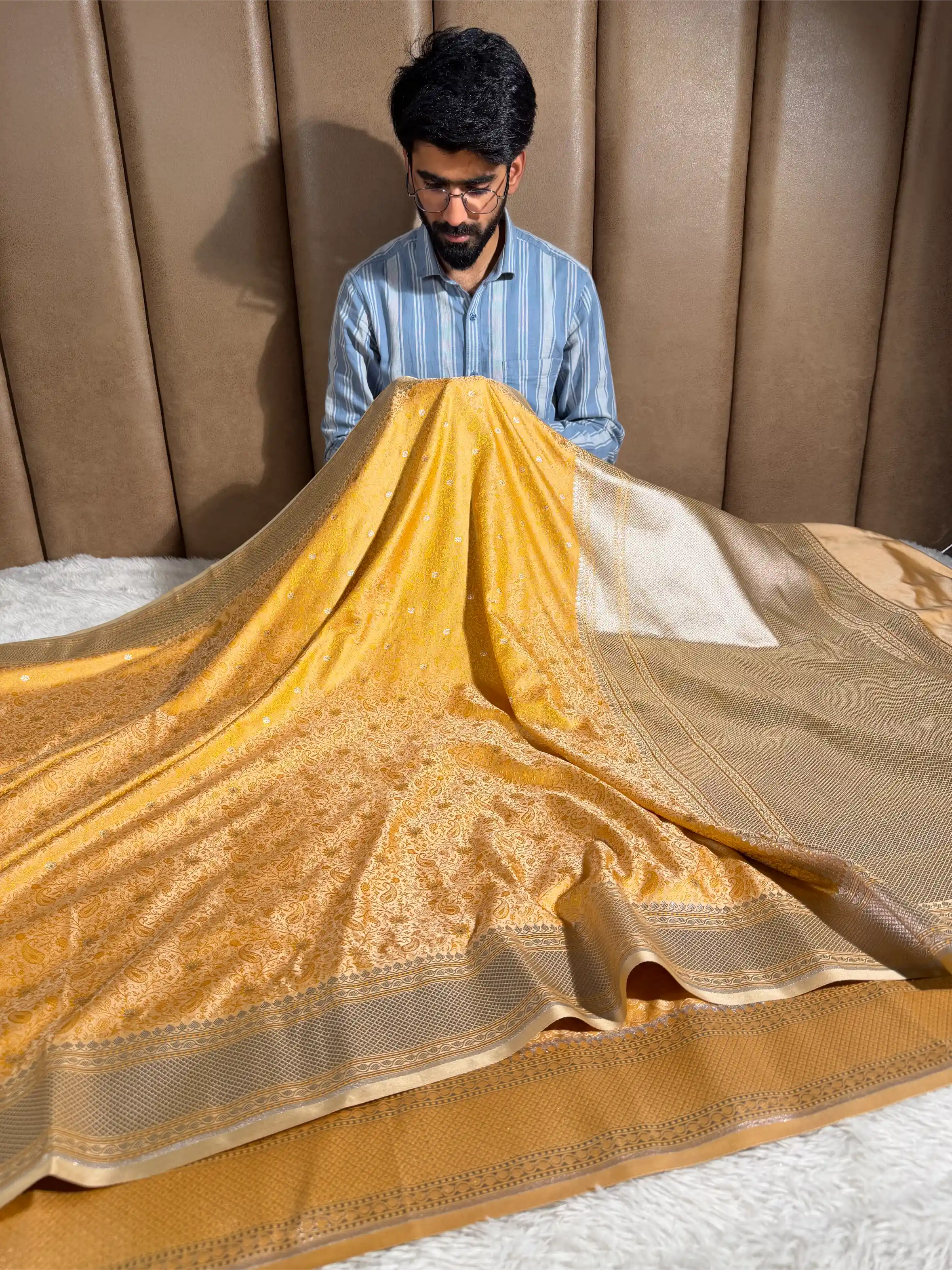 Mustard Yellow Intricate Mashru Katan Silk Tanchoi Banarasi Saree