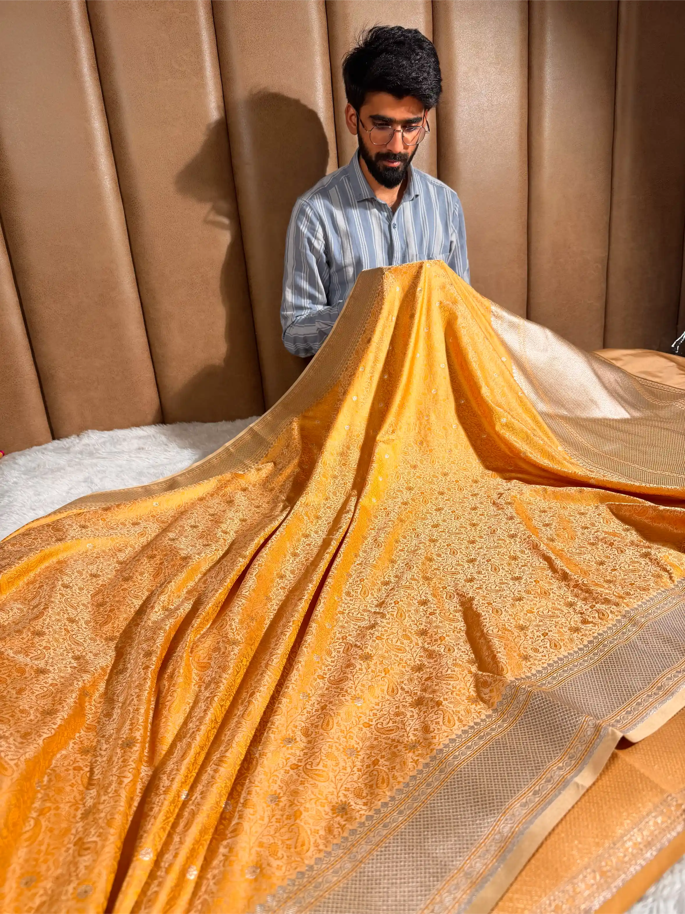 Mustard Yellow Intricate Mashru Katan Silk Tanchoi Banarasi Saree