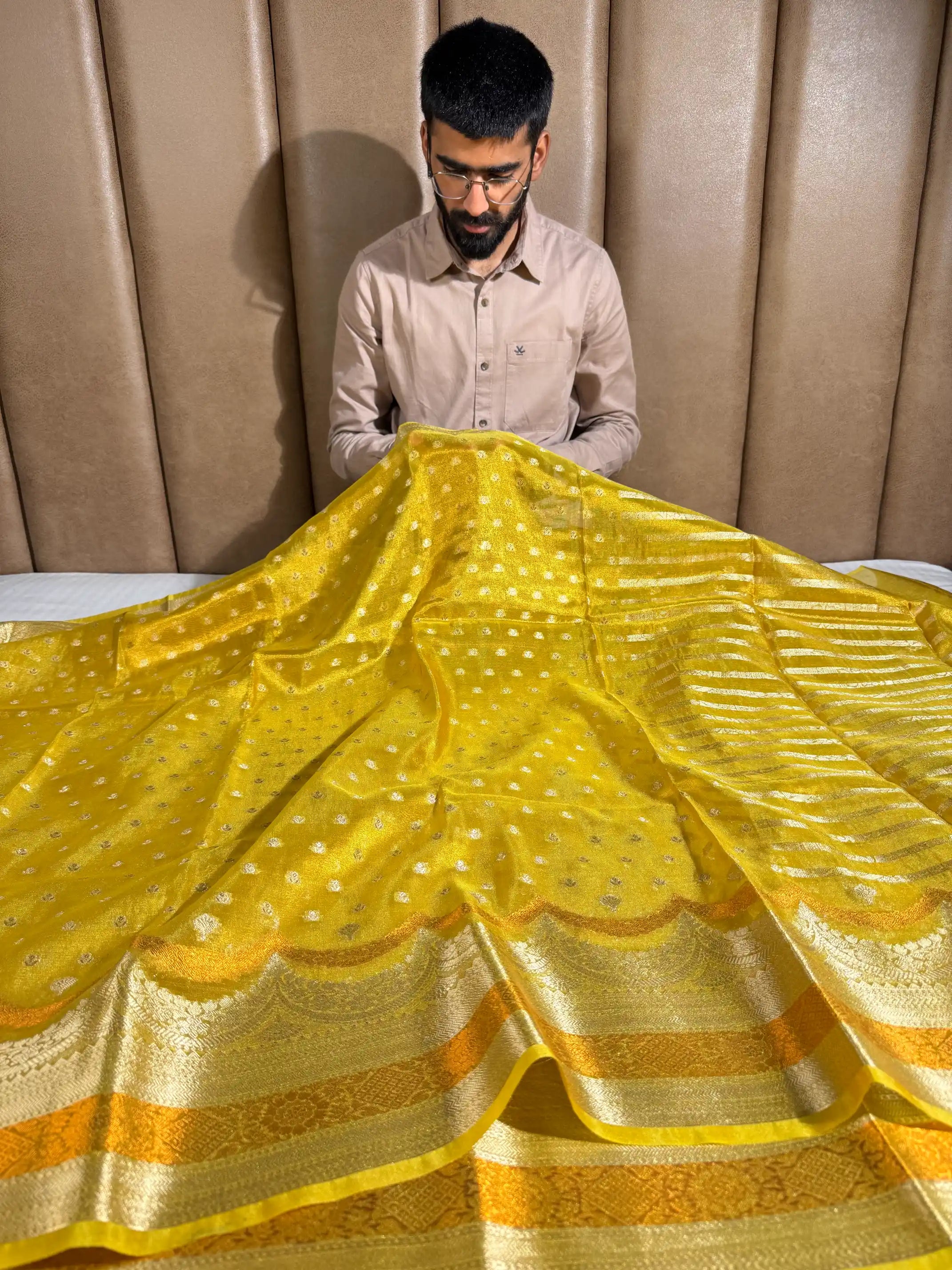 Mustard Yellow Tissue Silk Contemporary Heritage Weave Banarasi Saree