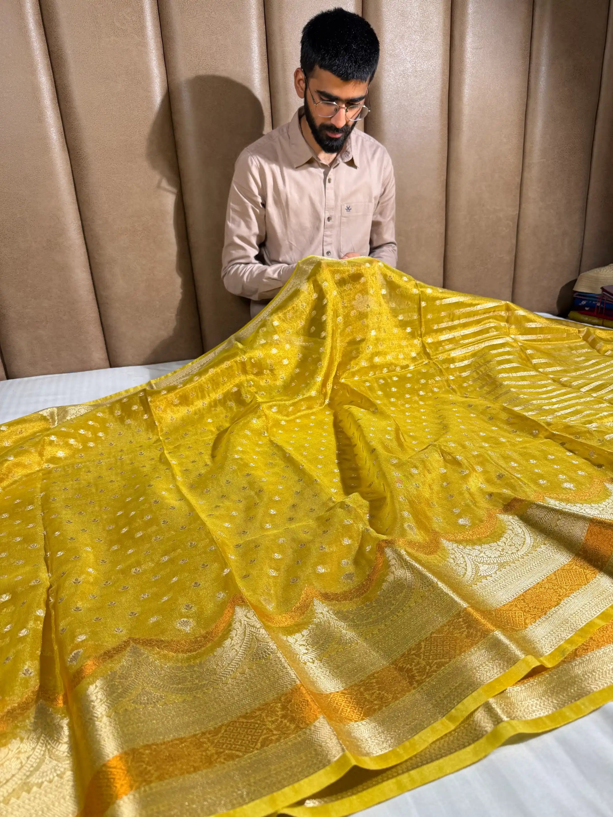 Mustard Yellow Tissue Silk Contemporary Heritage Weave Banarasi Saree