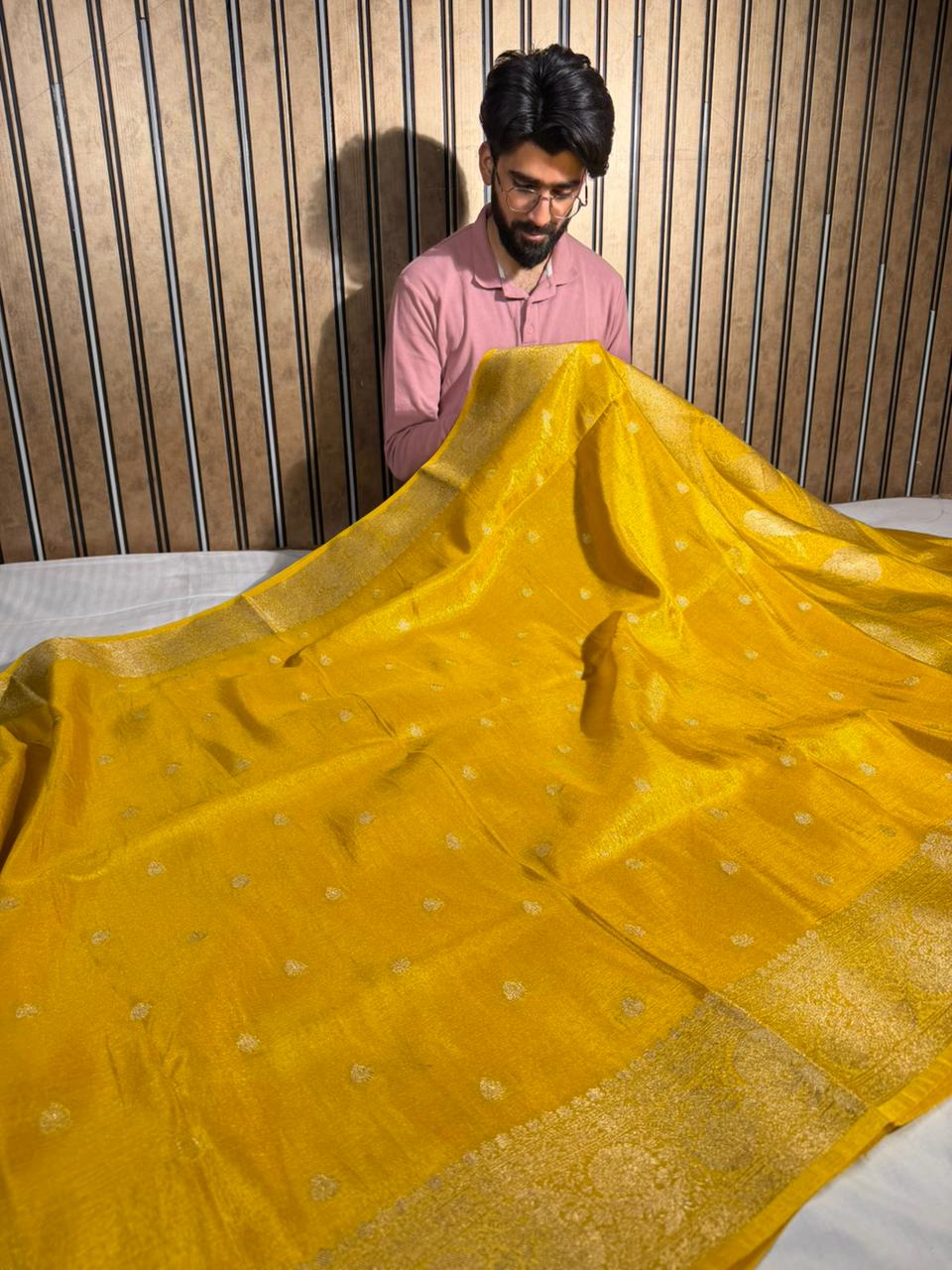 Mustard yellow breathable Katan tissue silk Banarasi saree