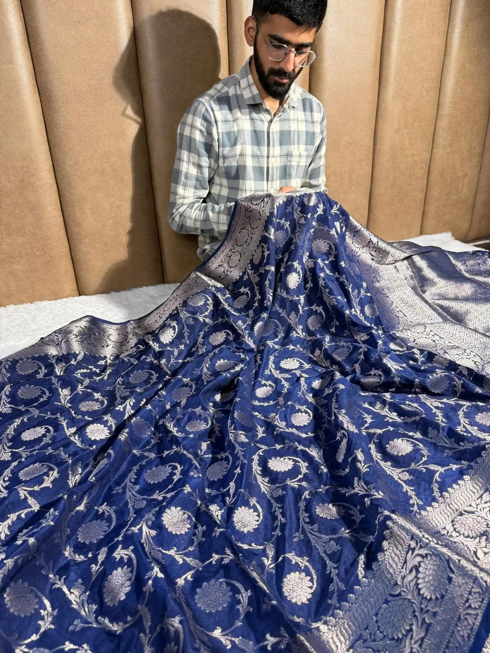 Navy Blue Chinia Silk Intricate Floral Weave Banarasi Saree
