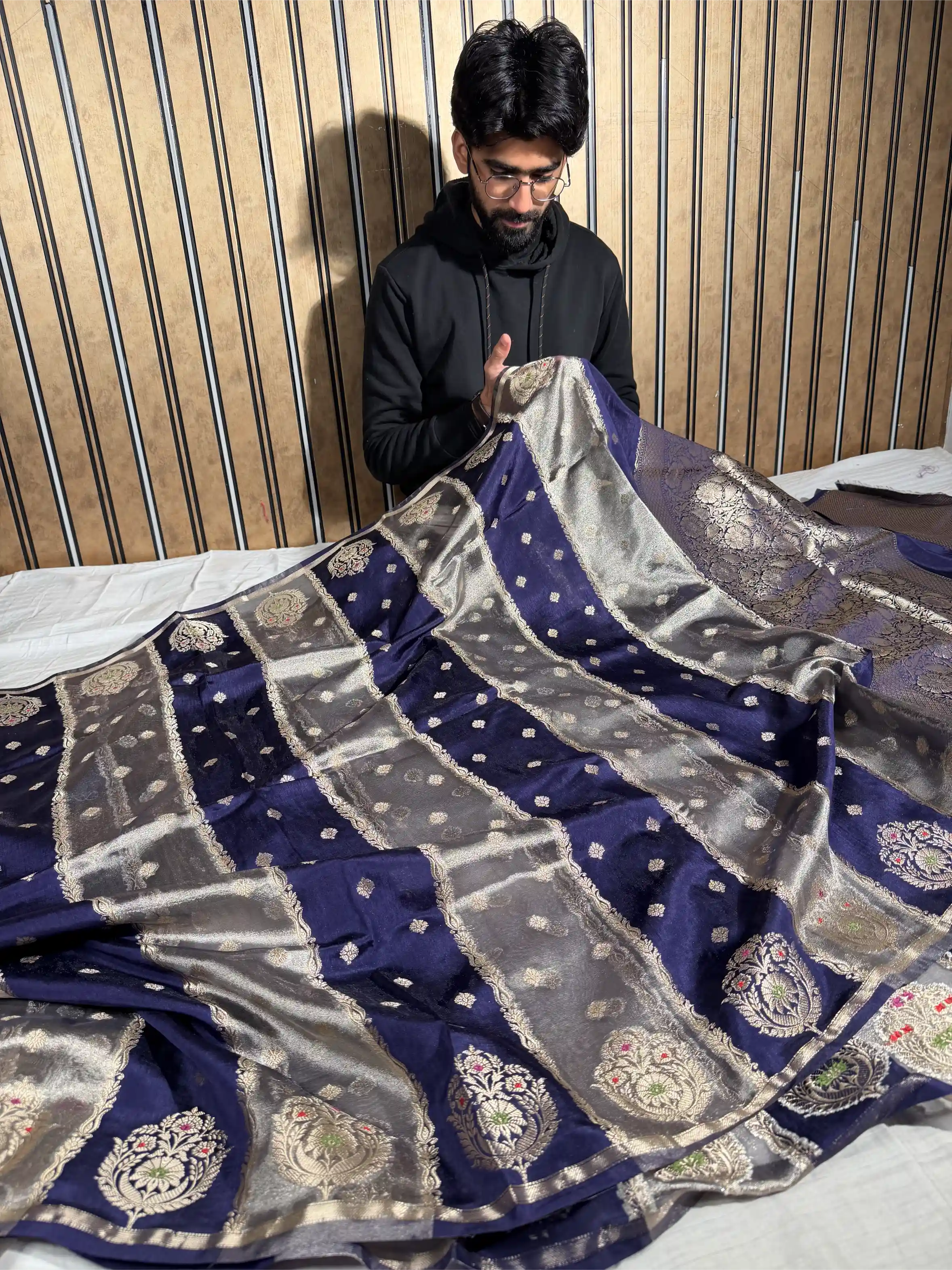 Navy Blue Chinia Tissue Silk Heritage Weave Banarasi Saree