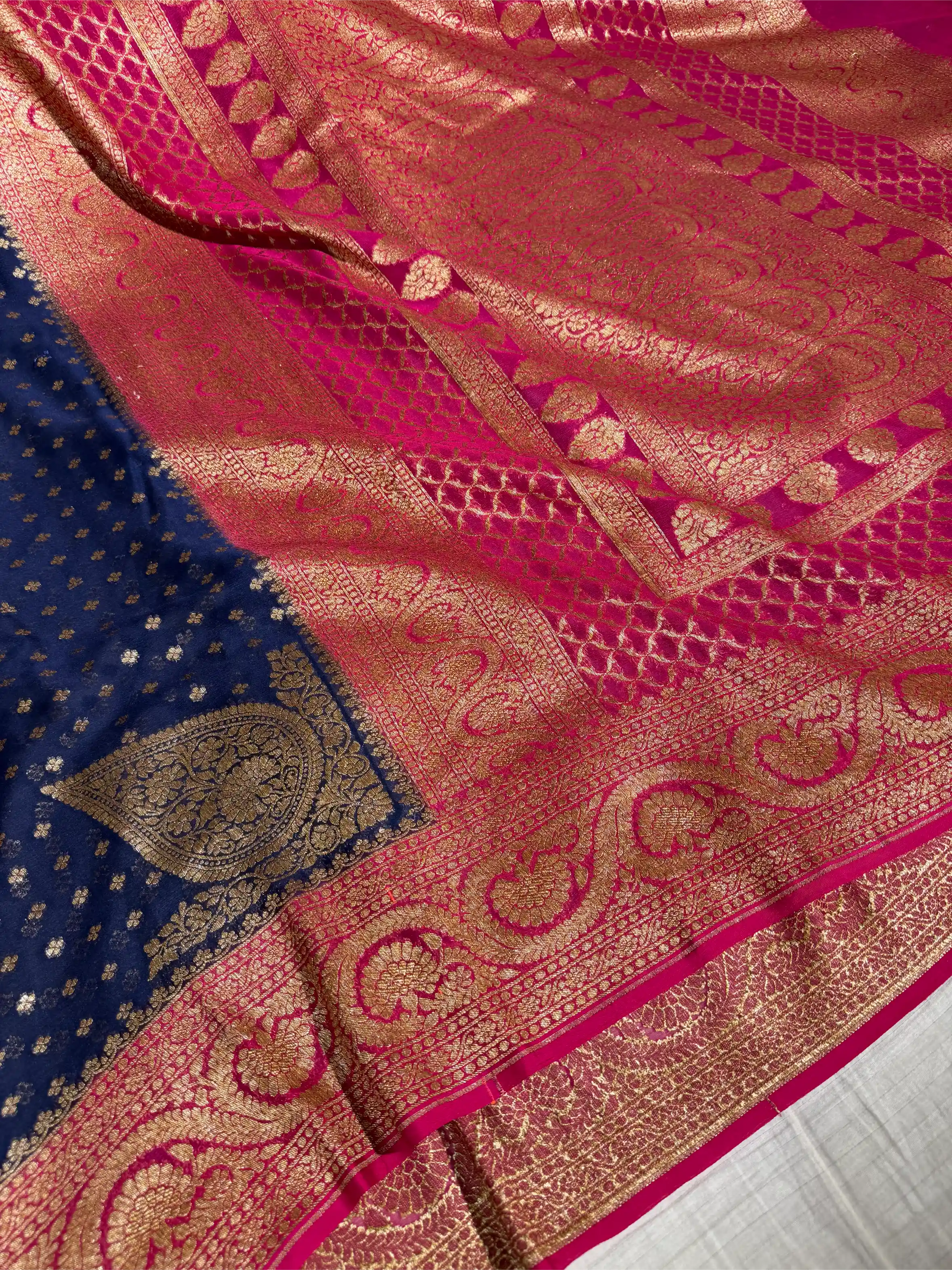 Navy Blue Contrast Pure Crepe Georgette Silk Heritage Antique Zari Weave Banarasi Sare