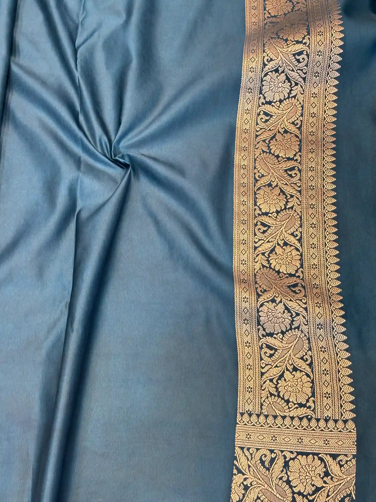 Navy Blue Floral Jaal Weave Mashru Katan Silk Saree