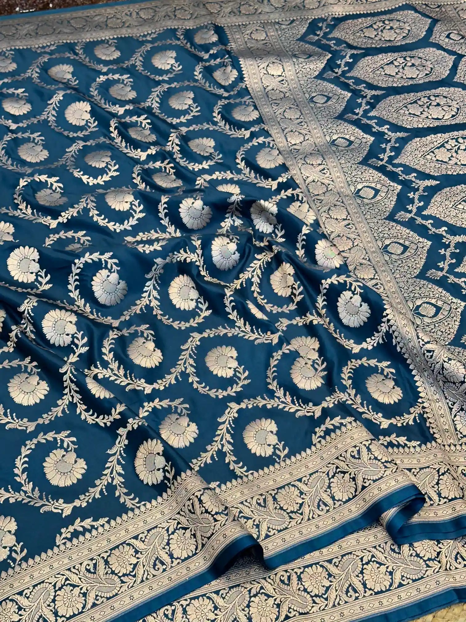 Navy Blue Floral Jaal Weave Mashru Katan Silk Saree