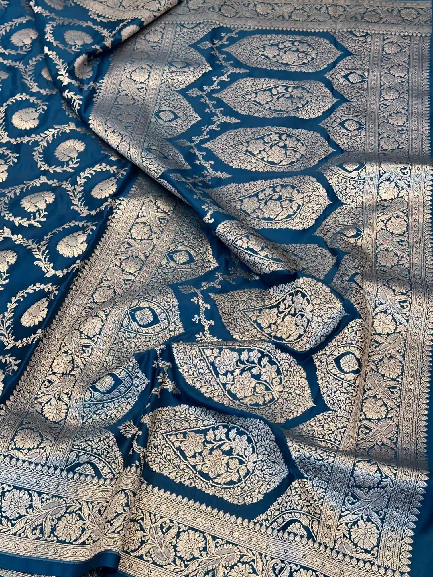 Navy Blue Floral Jaal Weave Mashru Katan Silk Saree