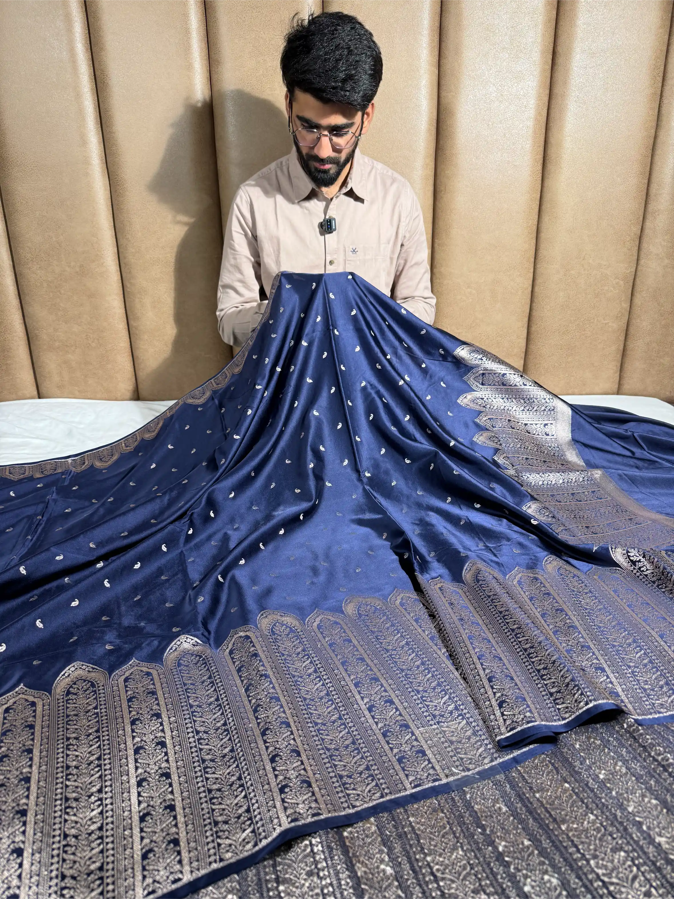 Navy Blue Heritage Mashru Katan Banarasi Saree