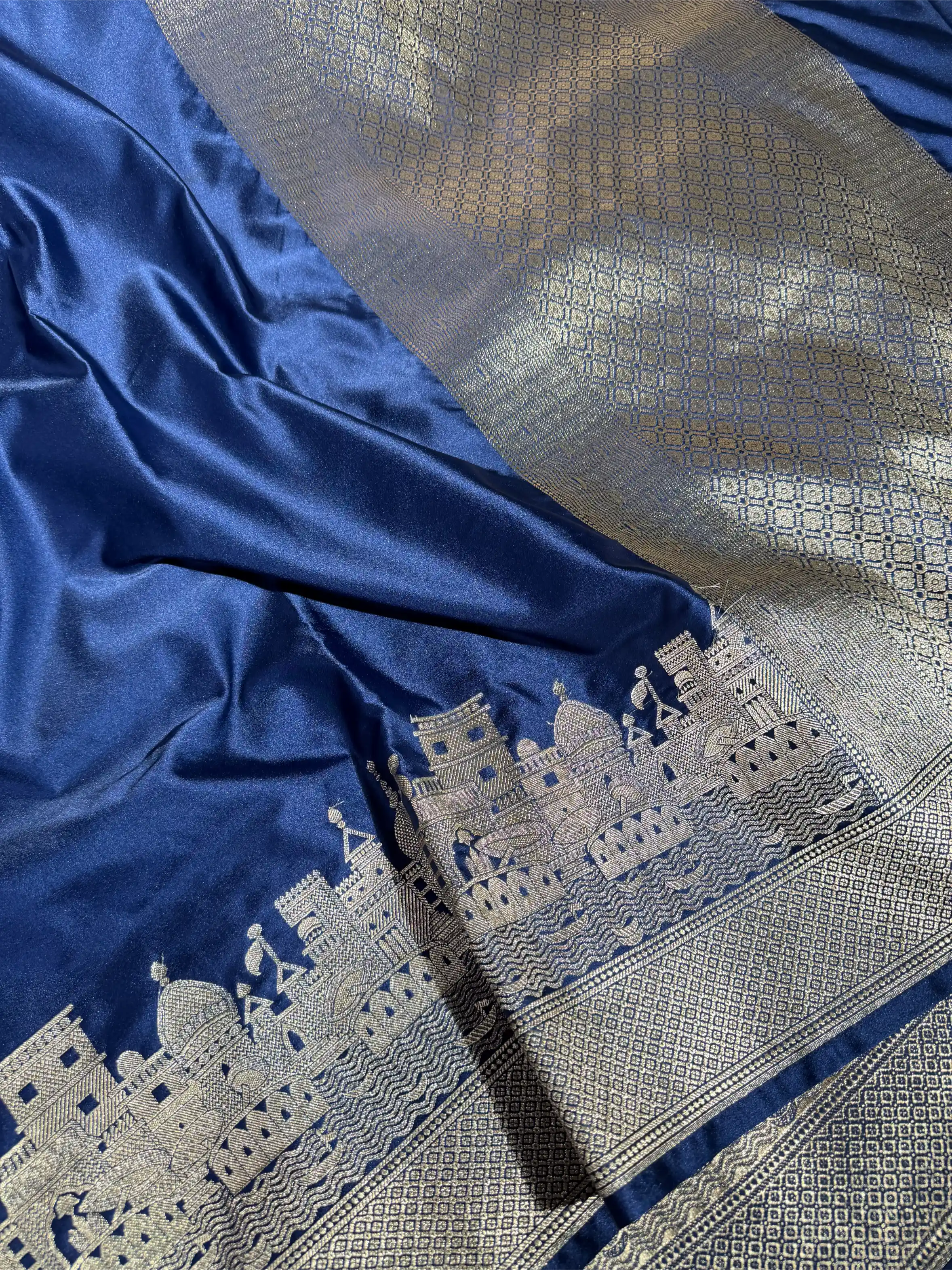 Navy Blue Mashru Katan Silk Ghats Banarasi Saree