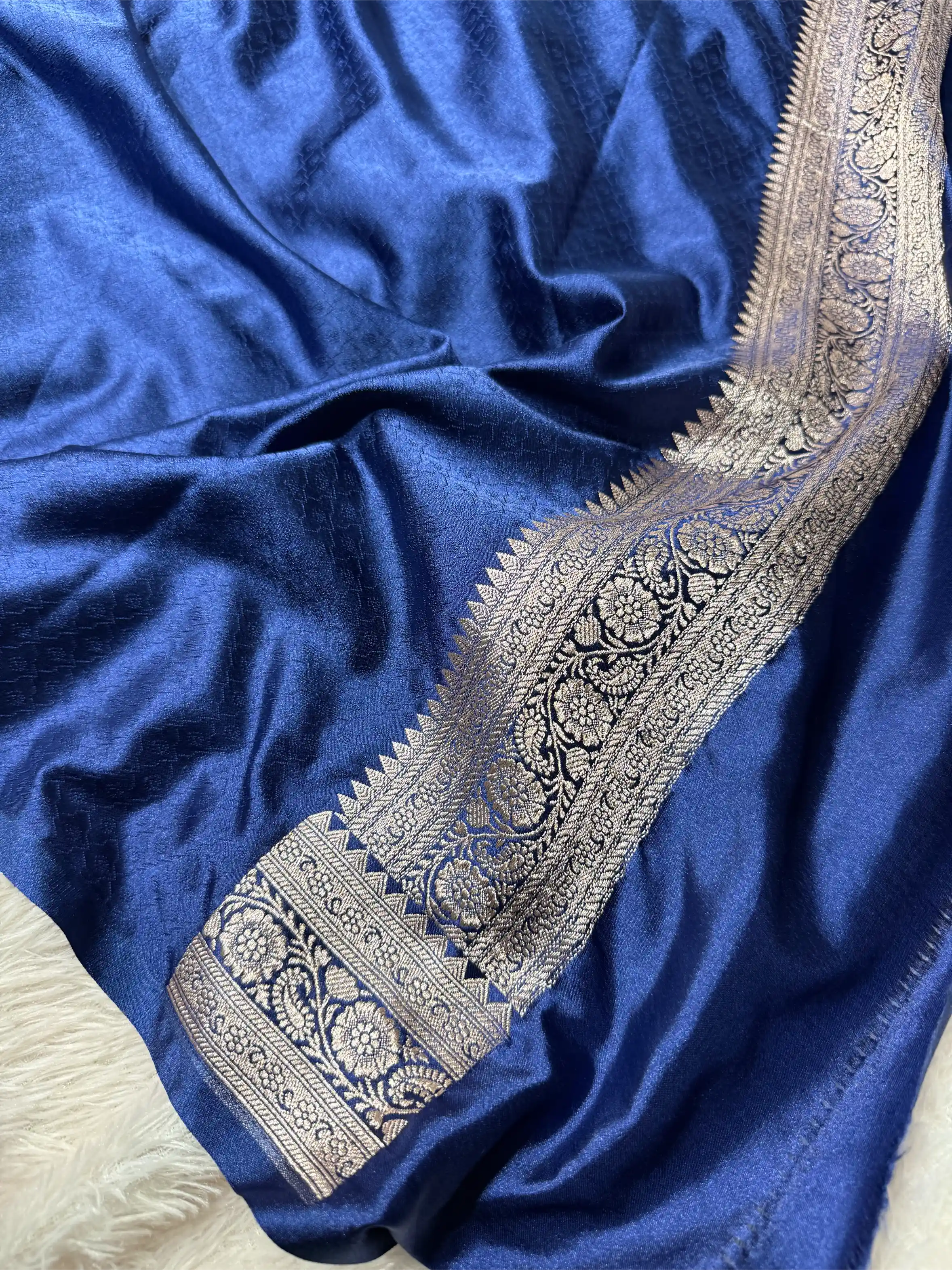 Navy Blue Mashru Katan Silk Heritage Jaal Weave Banarasi Saree
