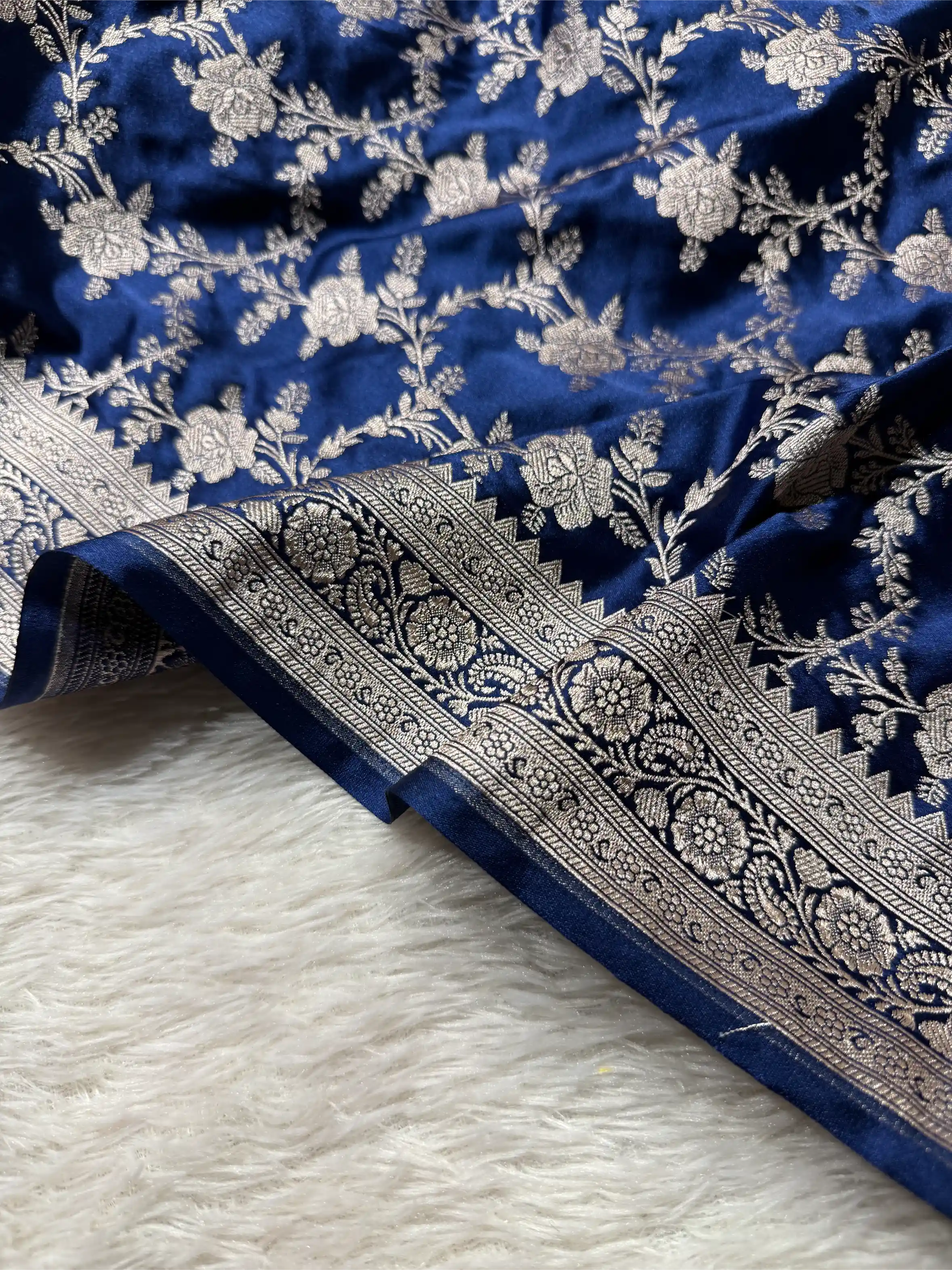 Navy Blue Mashru Katan Silk Heritage Jaal Weave Banarasi Saree