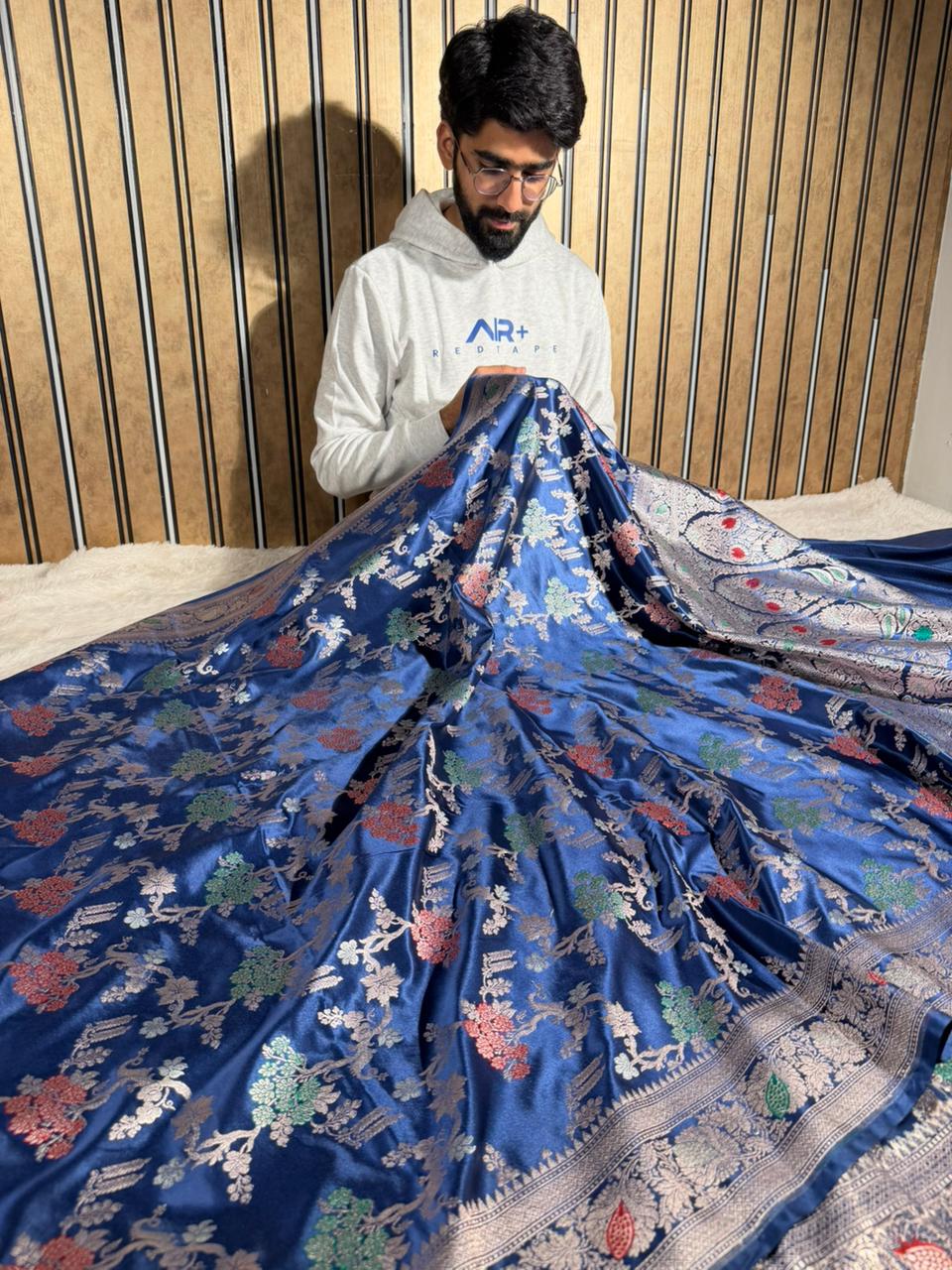 Navy Blue Mashru Katan Silk Intricate Meenakari Banarasi Saree