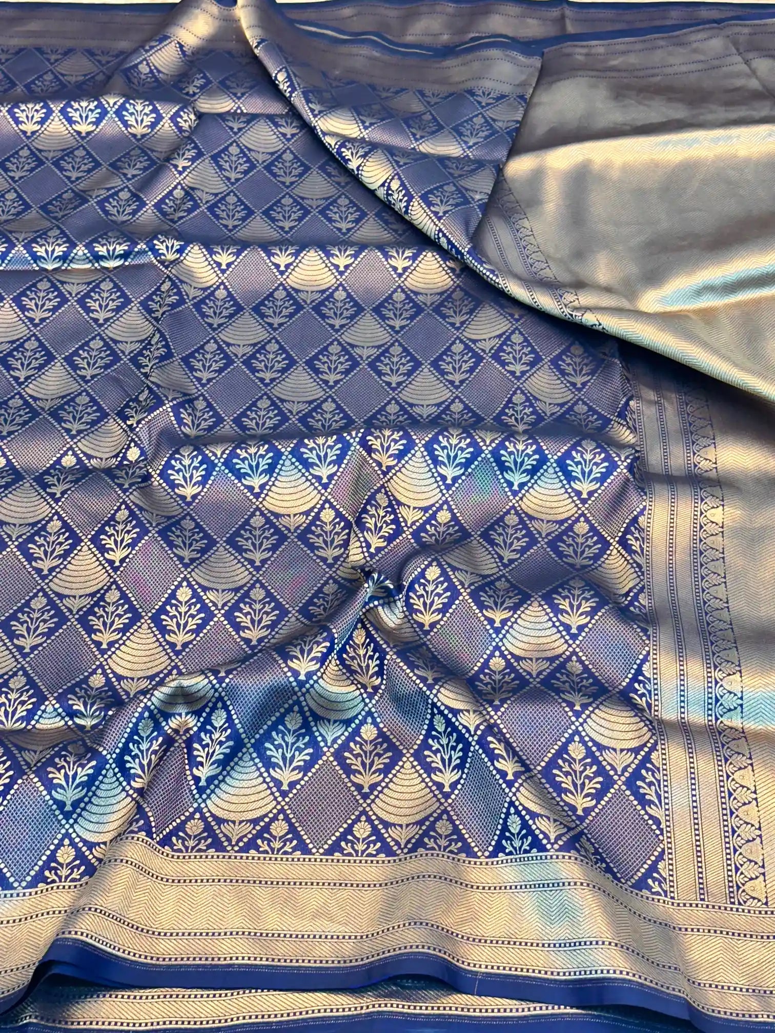 Navy Blue Pure Katan Silk Embossed Banarasi Saree