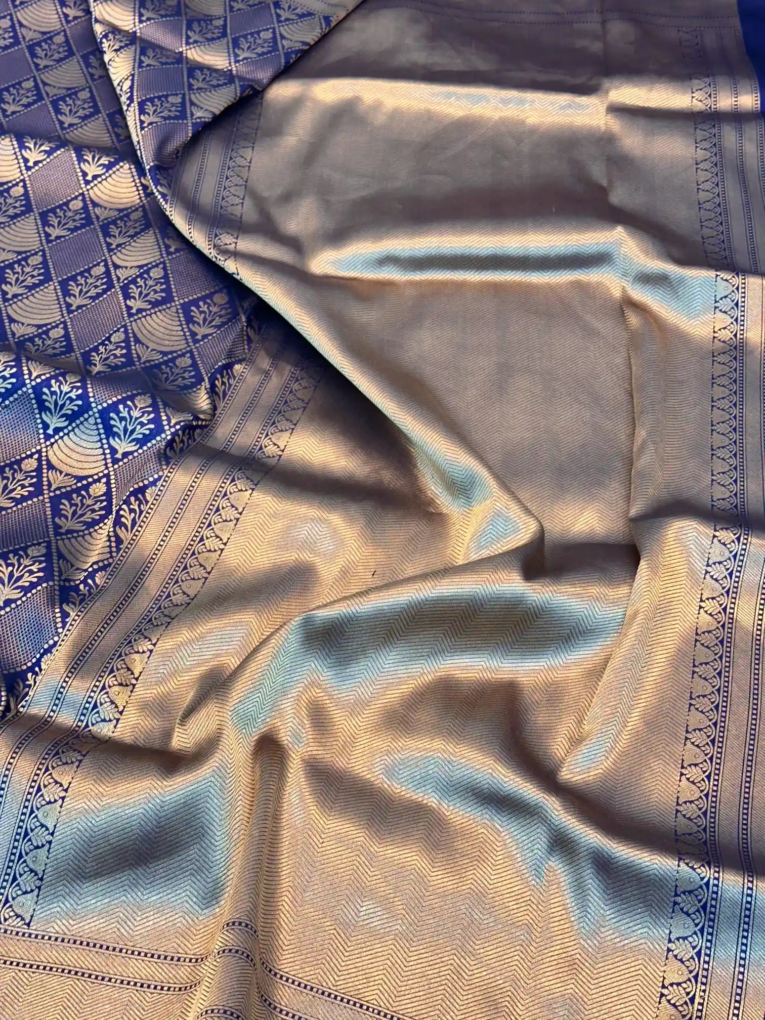 Navy Blue Pure Katan Silk Embossed Banarasi Saree
