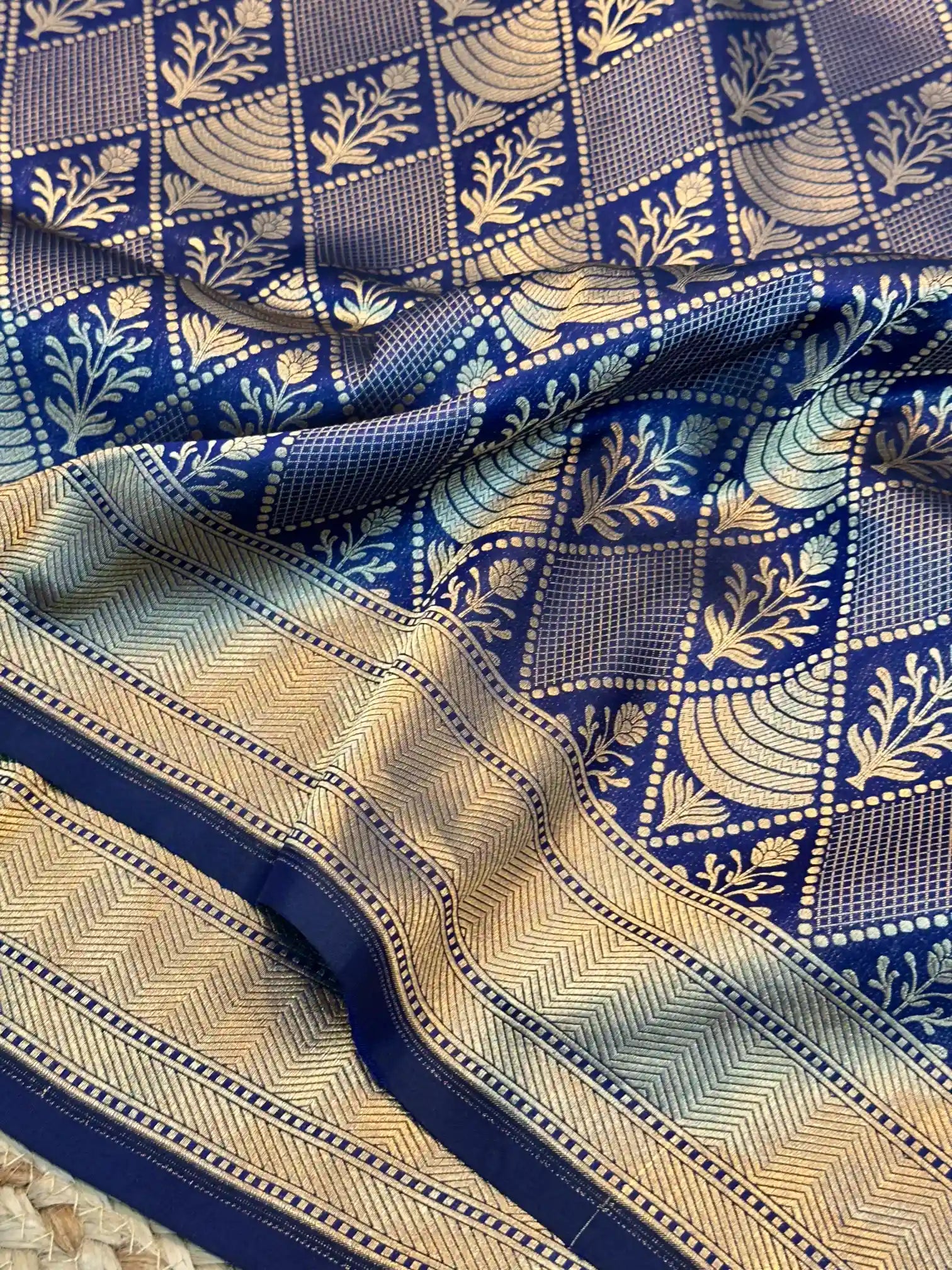 Navy Blue Pure Katan Silk Embossed Banarasi Saree