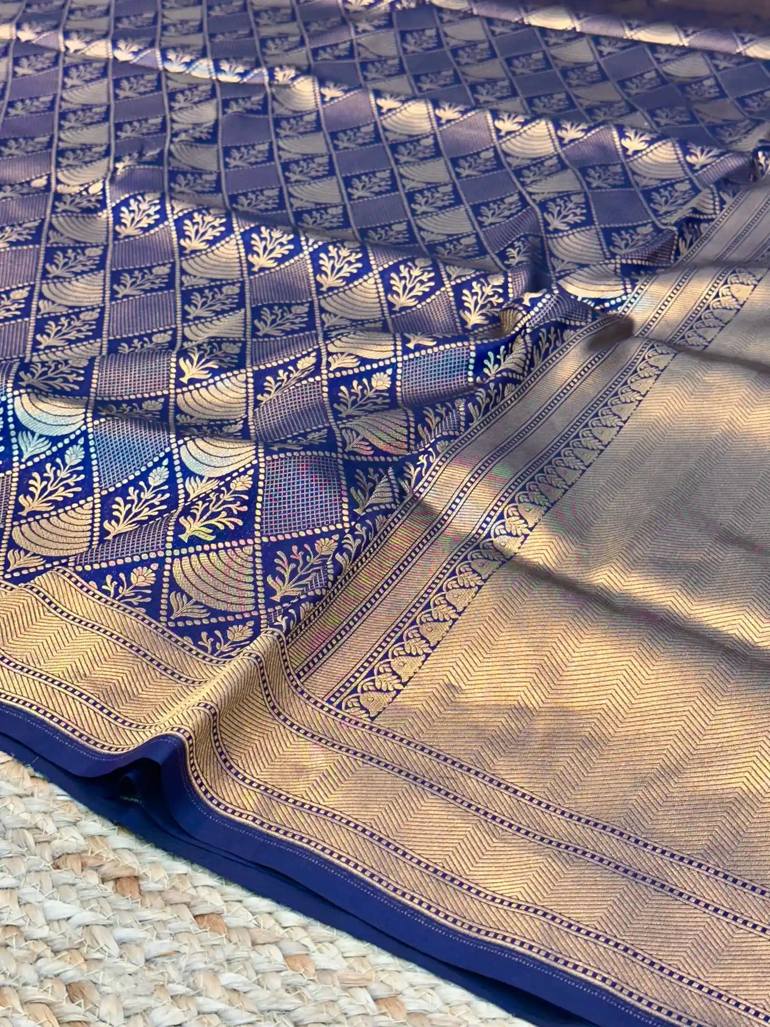 Navy Blue Pure Katan Silk Embossed Banarasi Saree
