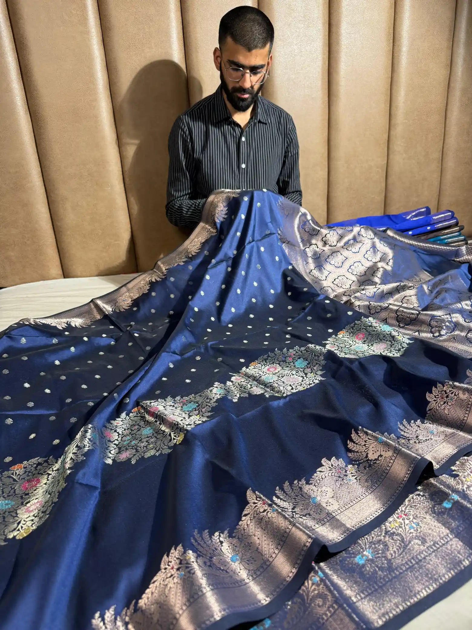 Navy Blue Semi Katan Silk Meenakari Intricate Weave Banarasi Saree