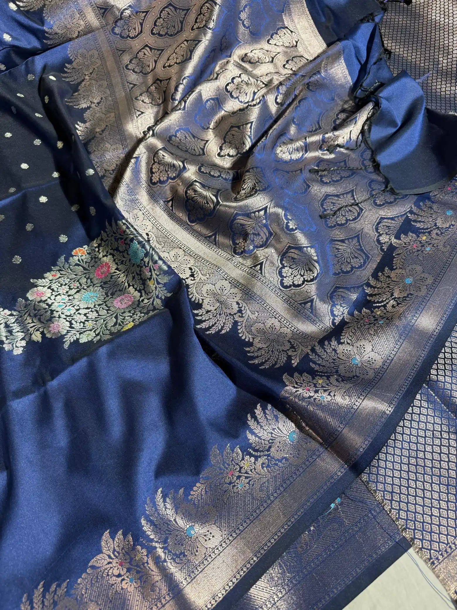 Navy Blue Semi Katan Silk Meenakari Intricate Weave Banarasi Saree