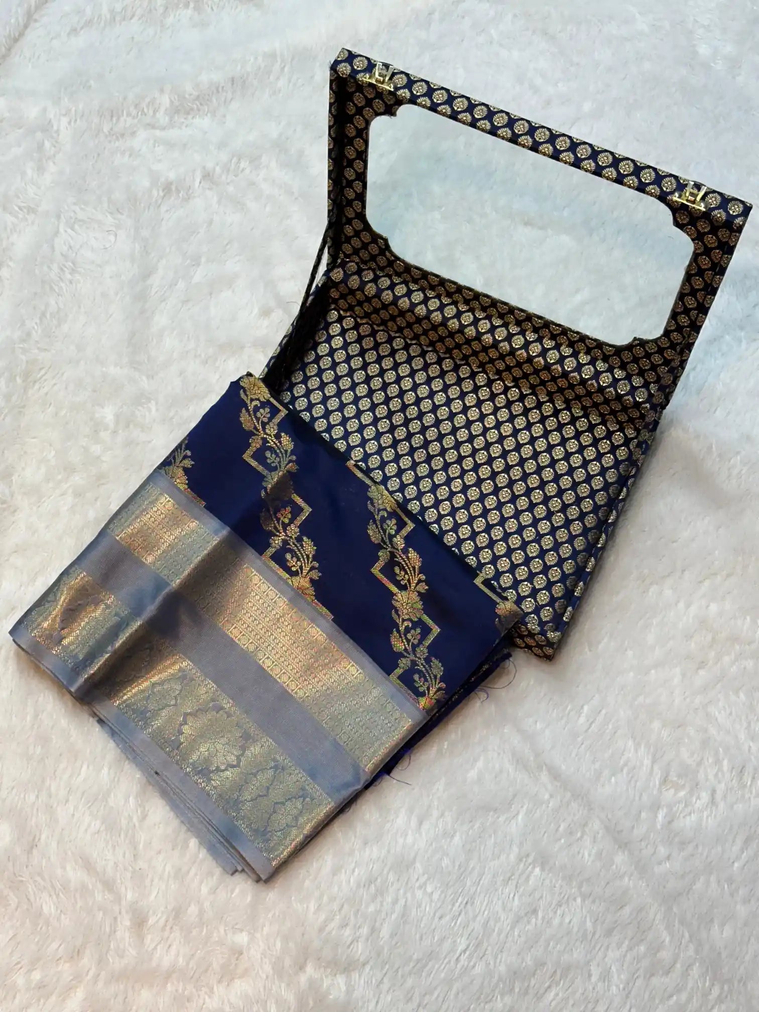 Navy Blue Semi Katan Silk Heritage Leheriya Design Banarasi Saree
