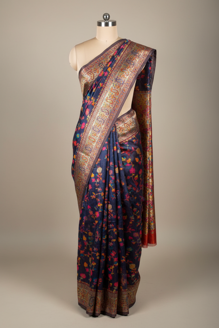 Navy Blue Soft Cotton Pashmina Tilfi Meenakari Banarasi Saree