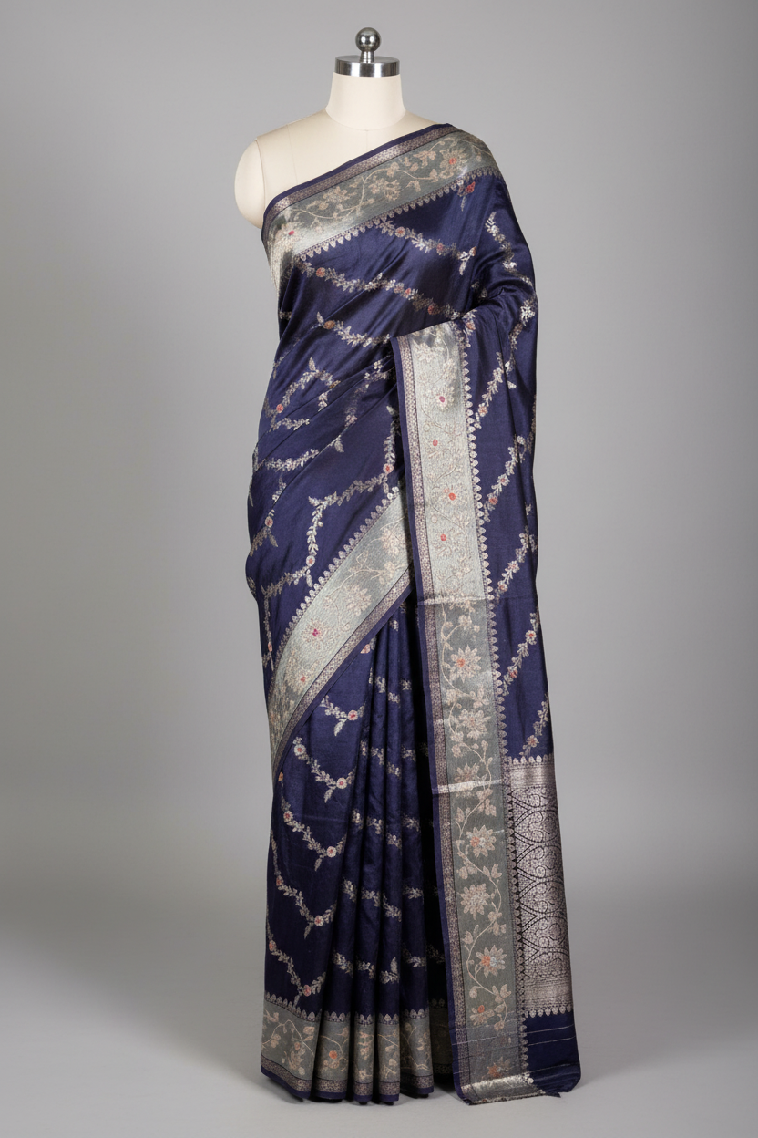 Navy Blue chinia silk meenakari banarasi saree