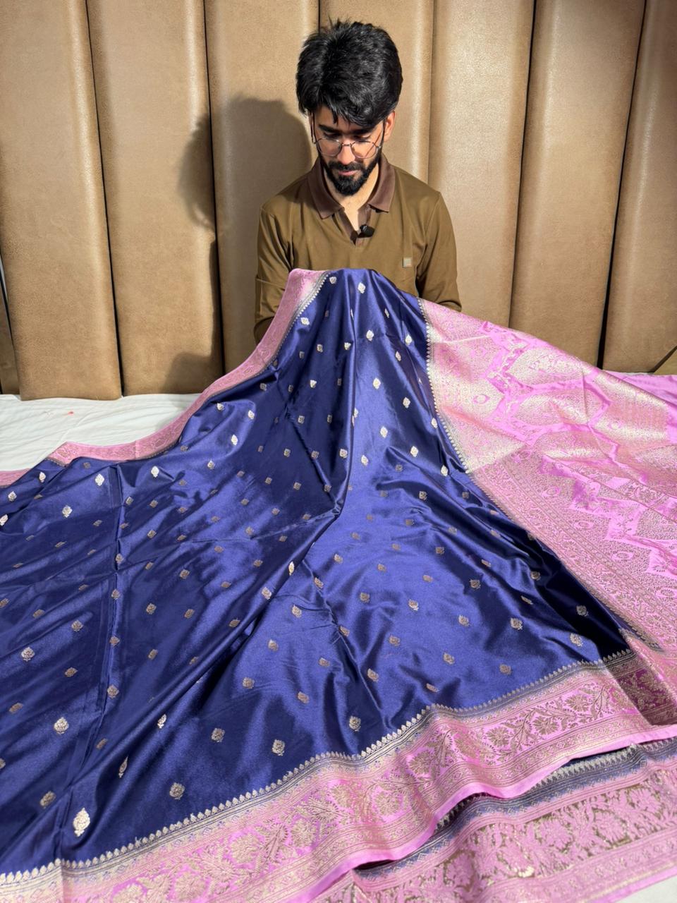 Navy blue pink traditional Mashru katan silk Banarasi