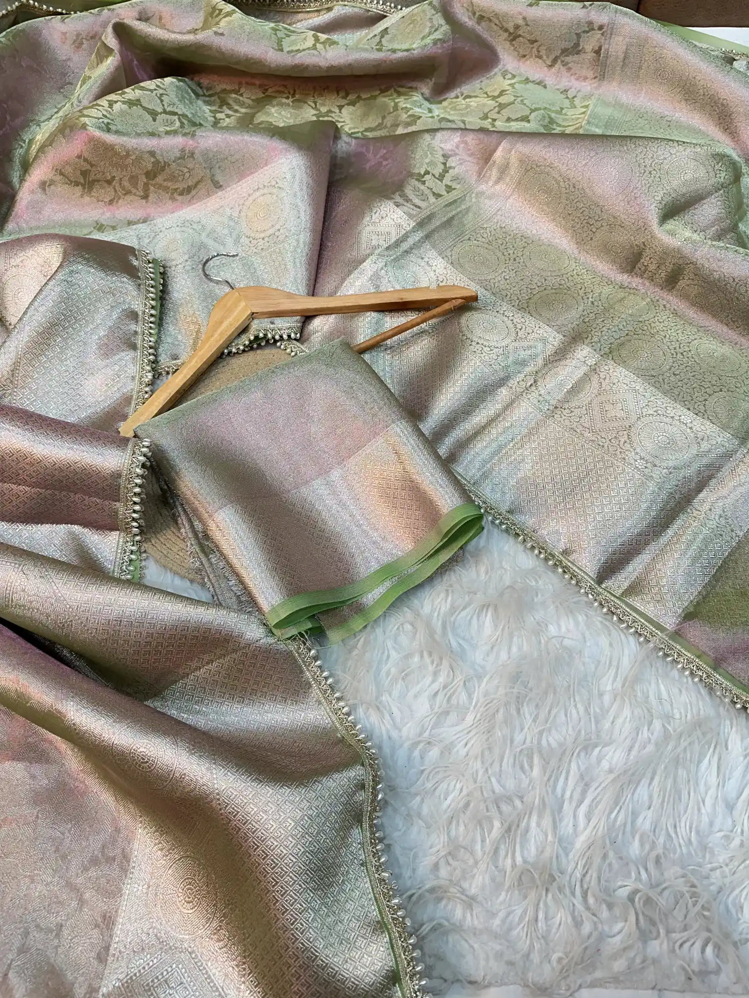 Neon Green Dual Shaded Glass Tissue Silk Designer Banarasi Saree with Premium Moti Lace Work