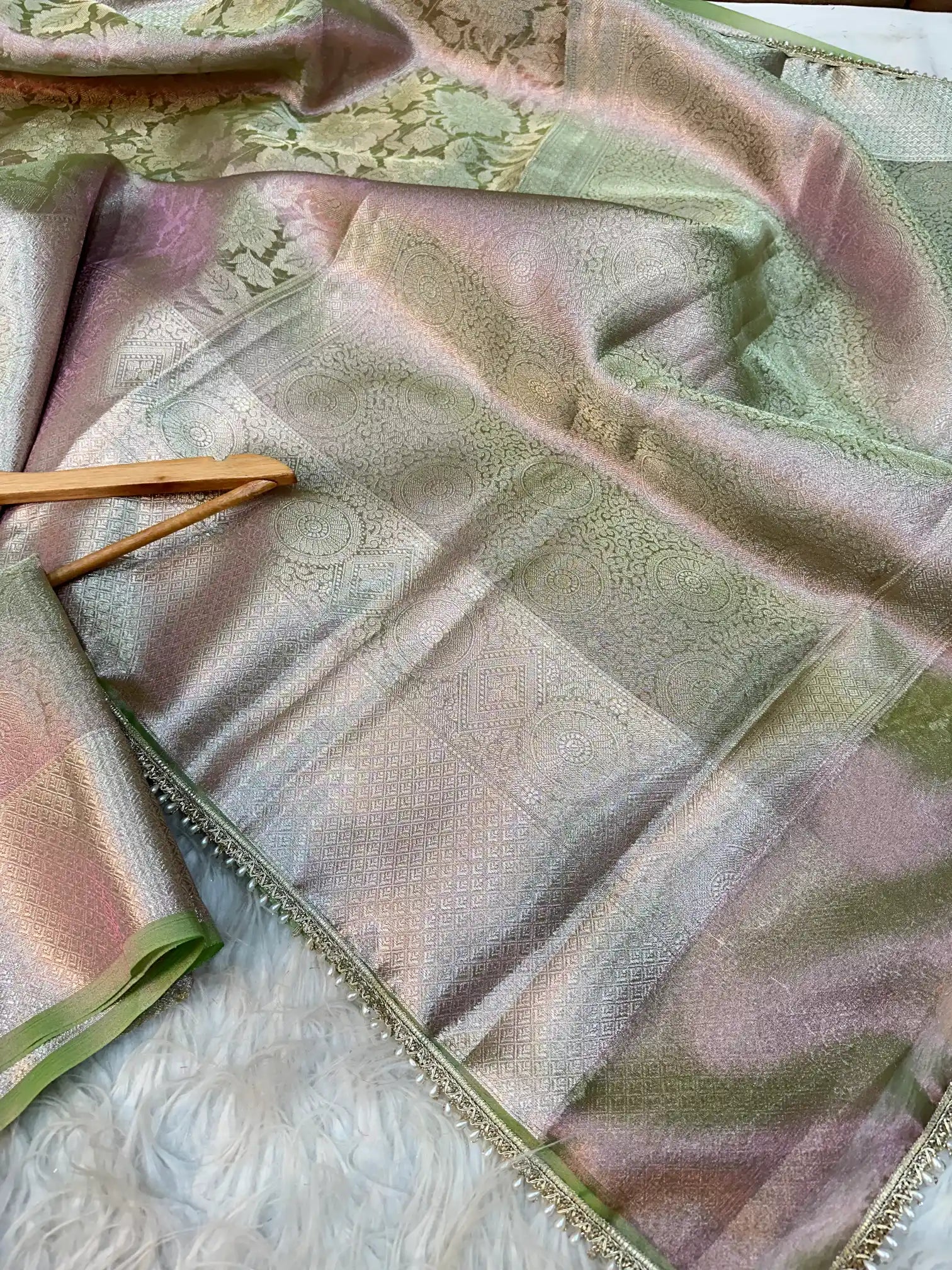 Neon Green Dual Shaded Glass Tissue Silk Designer Banarasi Saree with Premium Moti Lace Work