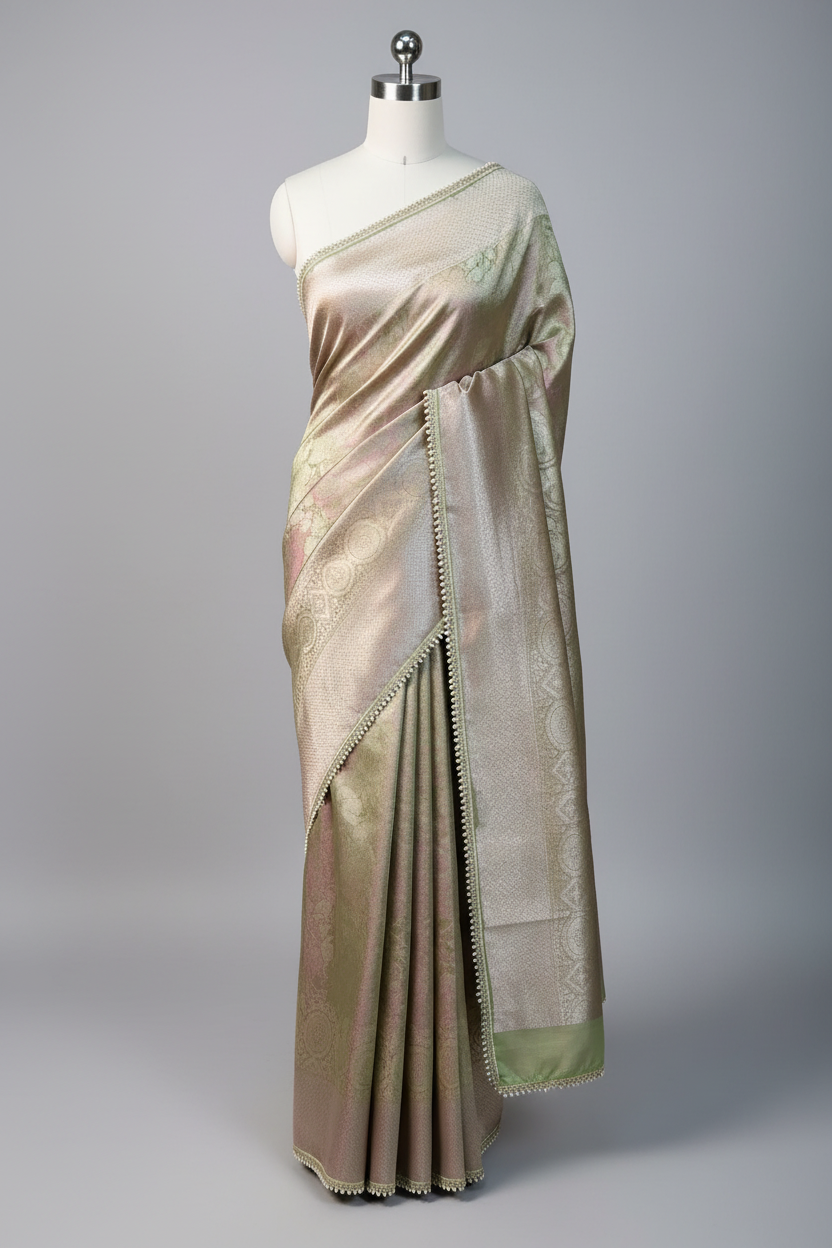 Neon Green Dual Shaded Glass Tissue Silk Moti Lace Designer Banarasi Saree
