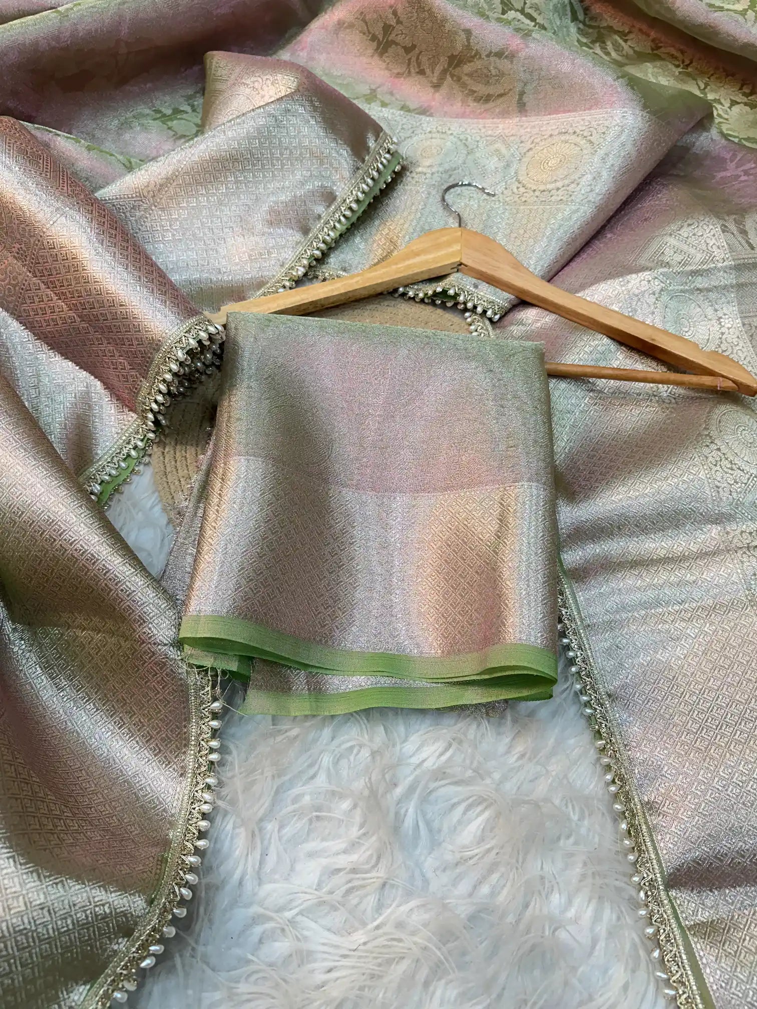 Neon Green Dual Shaded Glass Tissue Silk Designer Banarasi Saree with Premium Moti Lace Work