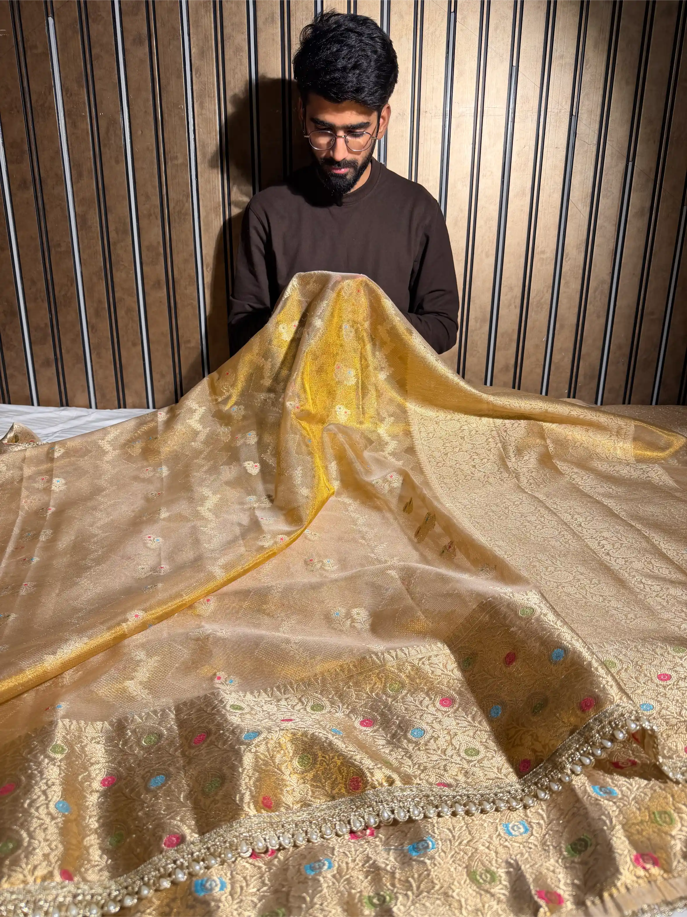 Never Seen Copper Tissue Designer Lace Work Banarasi Saree