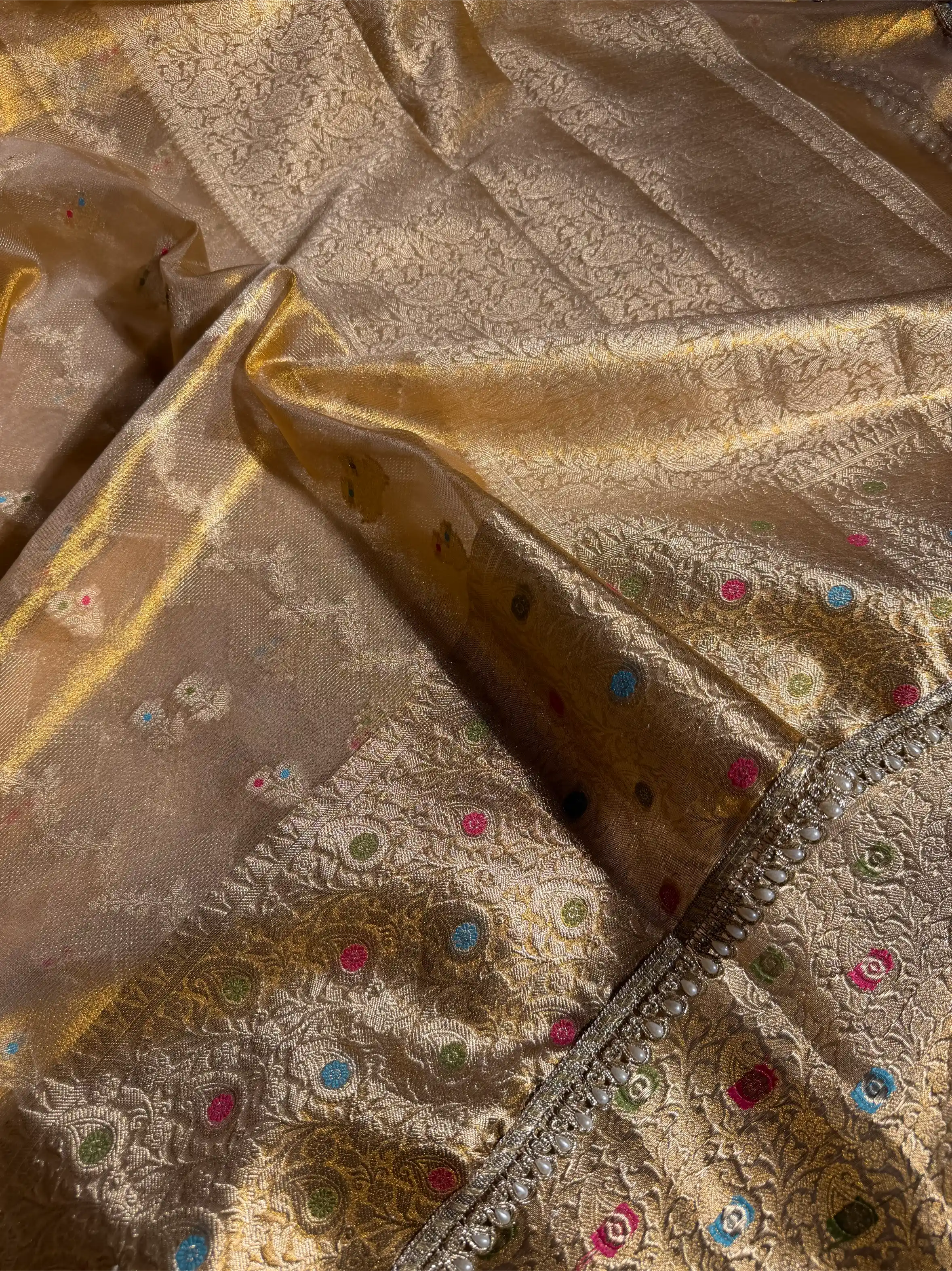 Never Seen Copper Tissue Designer Lace Work Banarasi Saree