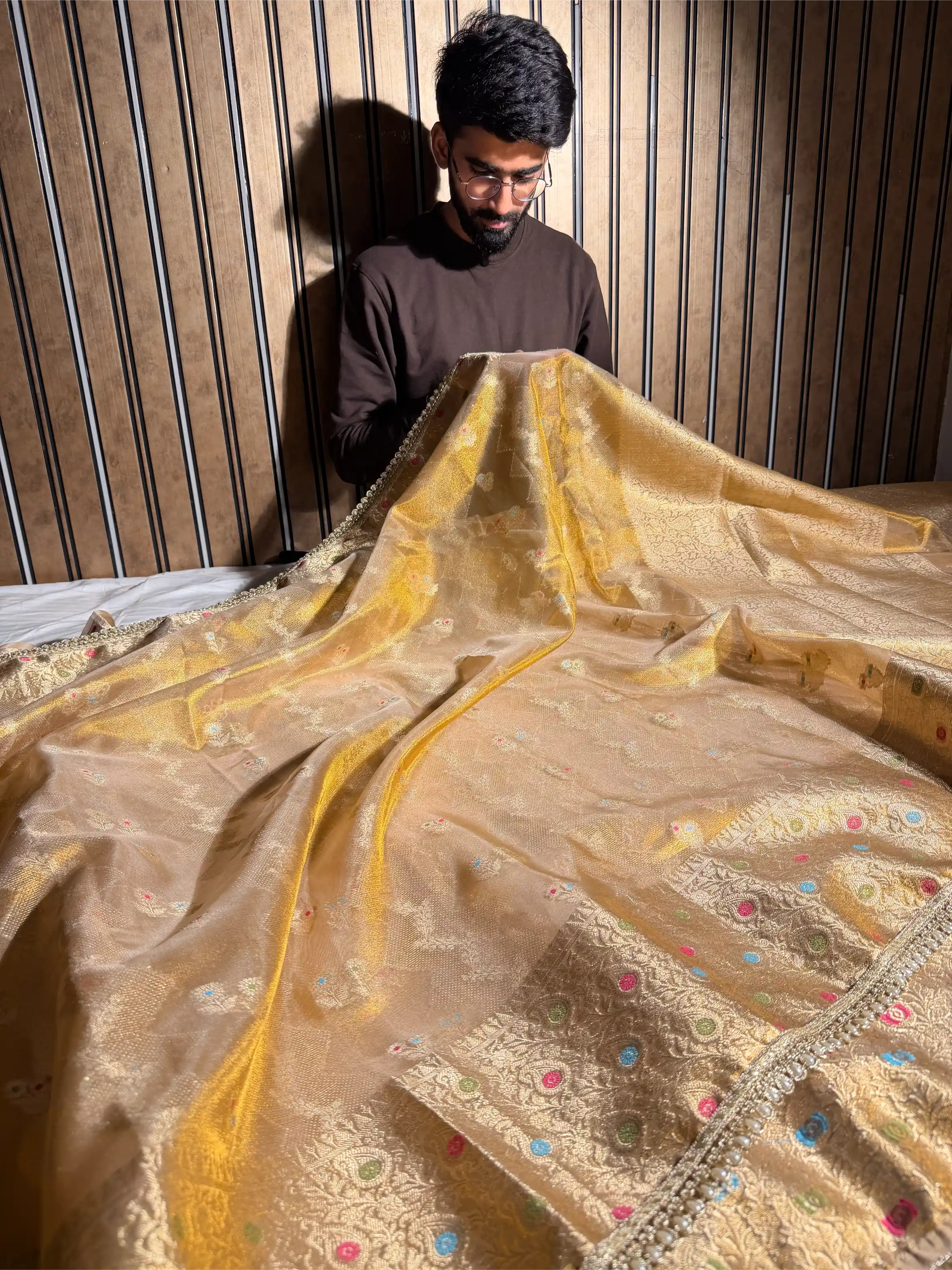 Never Seen Copper Tissue Designer Lace Work Banarasi Saree