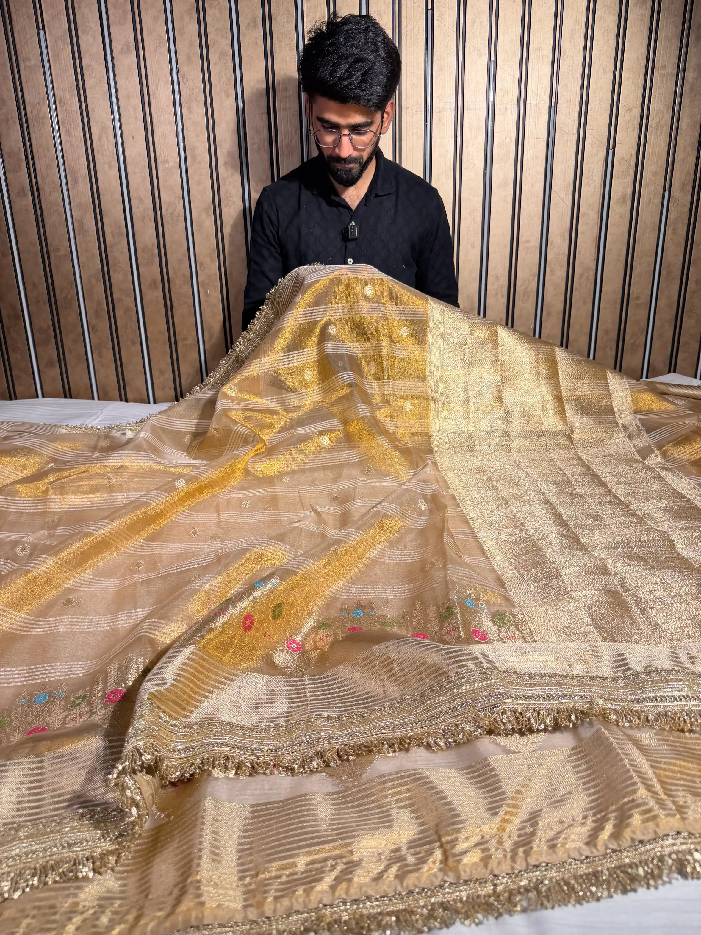 Never Seen Copper Tissue Silk Designer Lace Work Banarasi Saree
