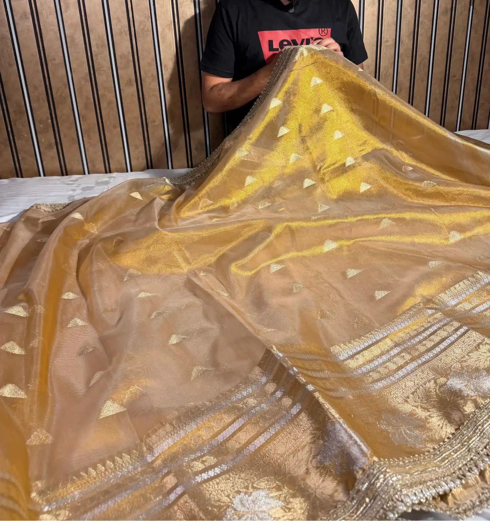 Never Seen Copper Tissue Silk Designer Lace Work Banarasi Saree