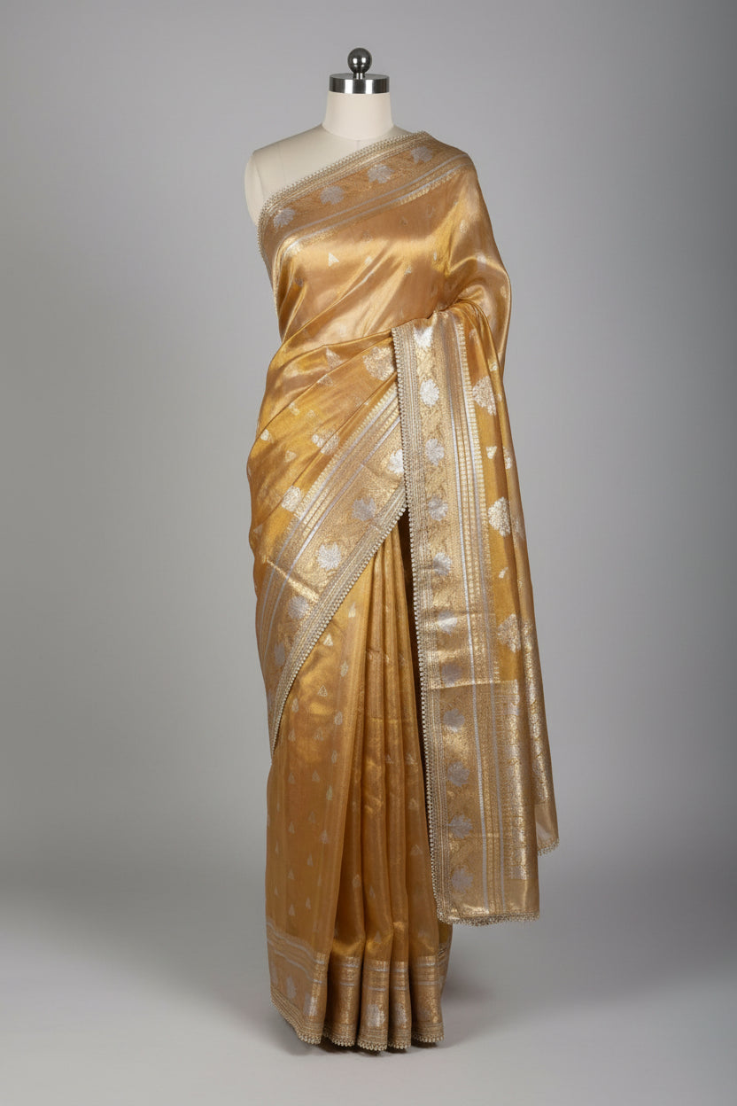 Never Seen Copper Tissue Silk Designer Lace Work Banarasi Saree